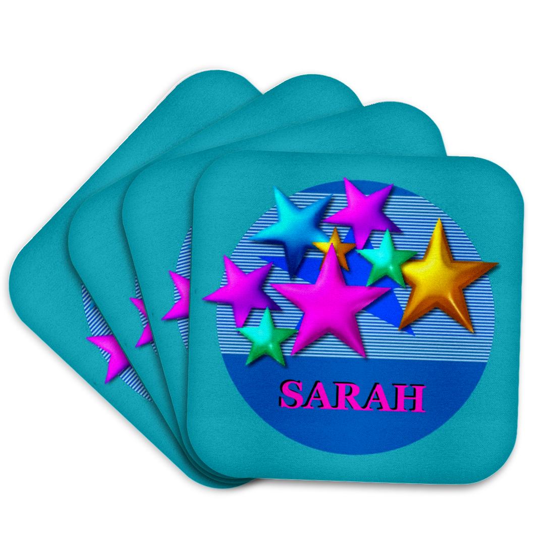 Vibrant colored stars on a blue background personalized with the Coaster and other Wholesale personalized glass coasters for your store trending on Faire.