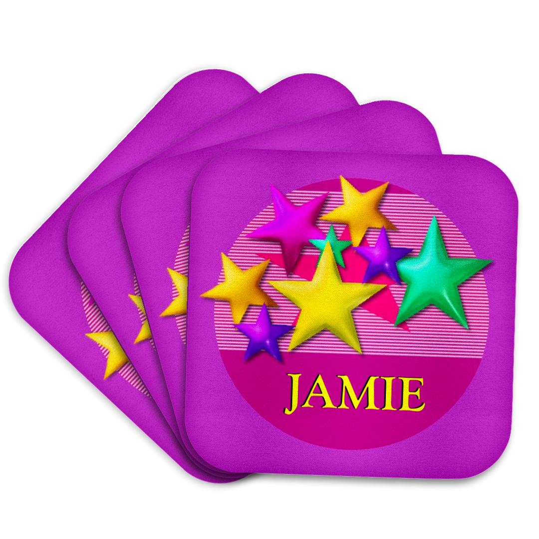 3dRose, Vibrant colored stars on a pink background with the name JAMIE, Coaster and other Wholesale jamie for your store trending on Faire.