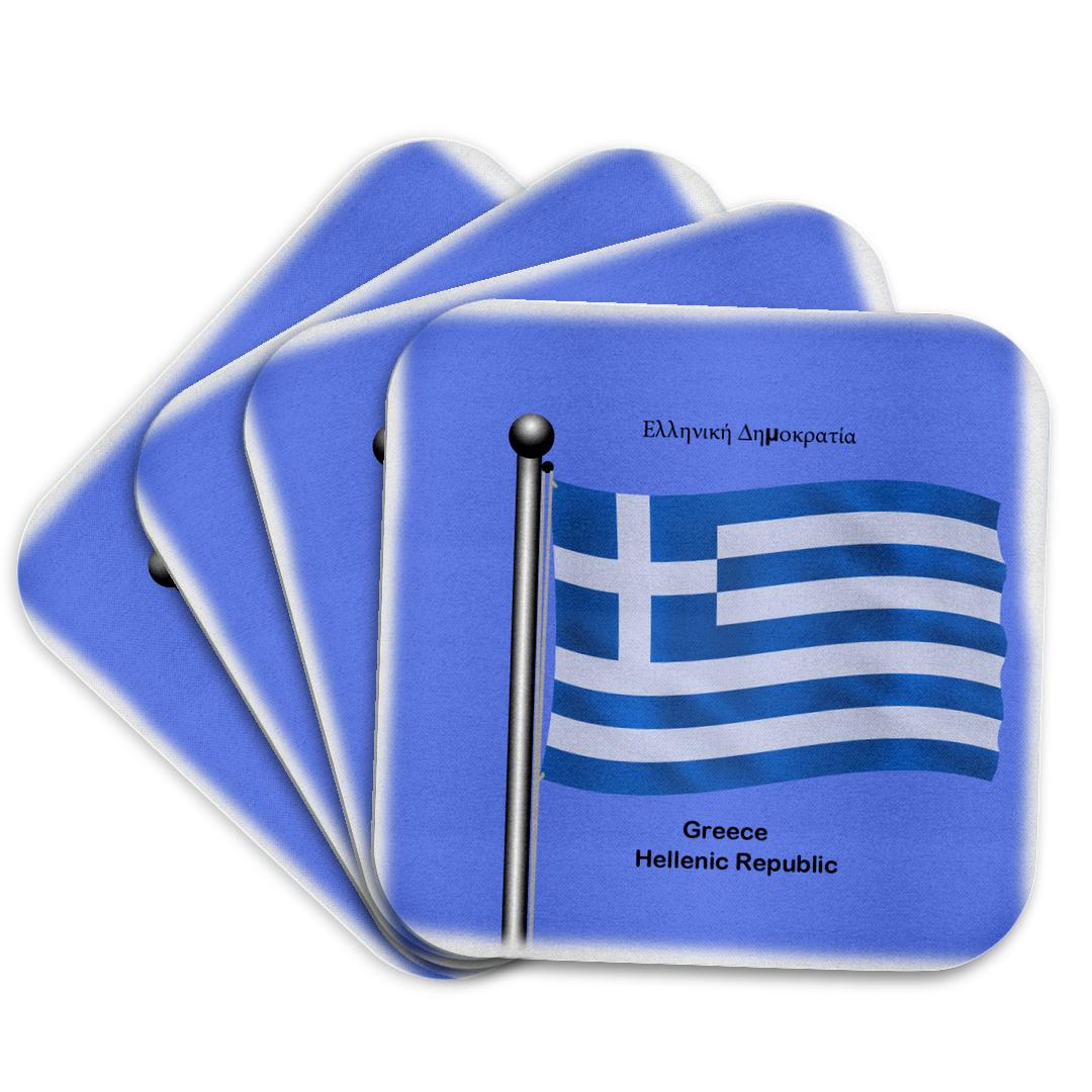 3dRose, The flag of Greece waving on a blue background with Greece, Hellenic Republic in English and Greek., Coaster and other Wholesale hellenic for your store trending on Faire.