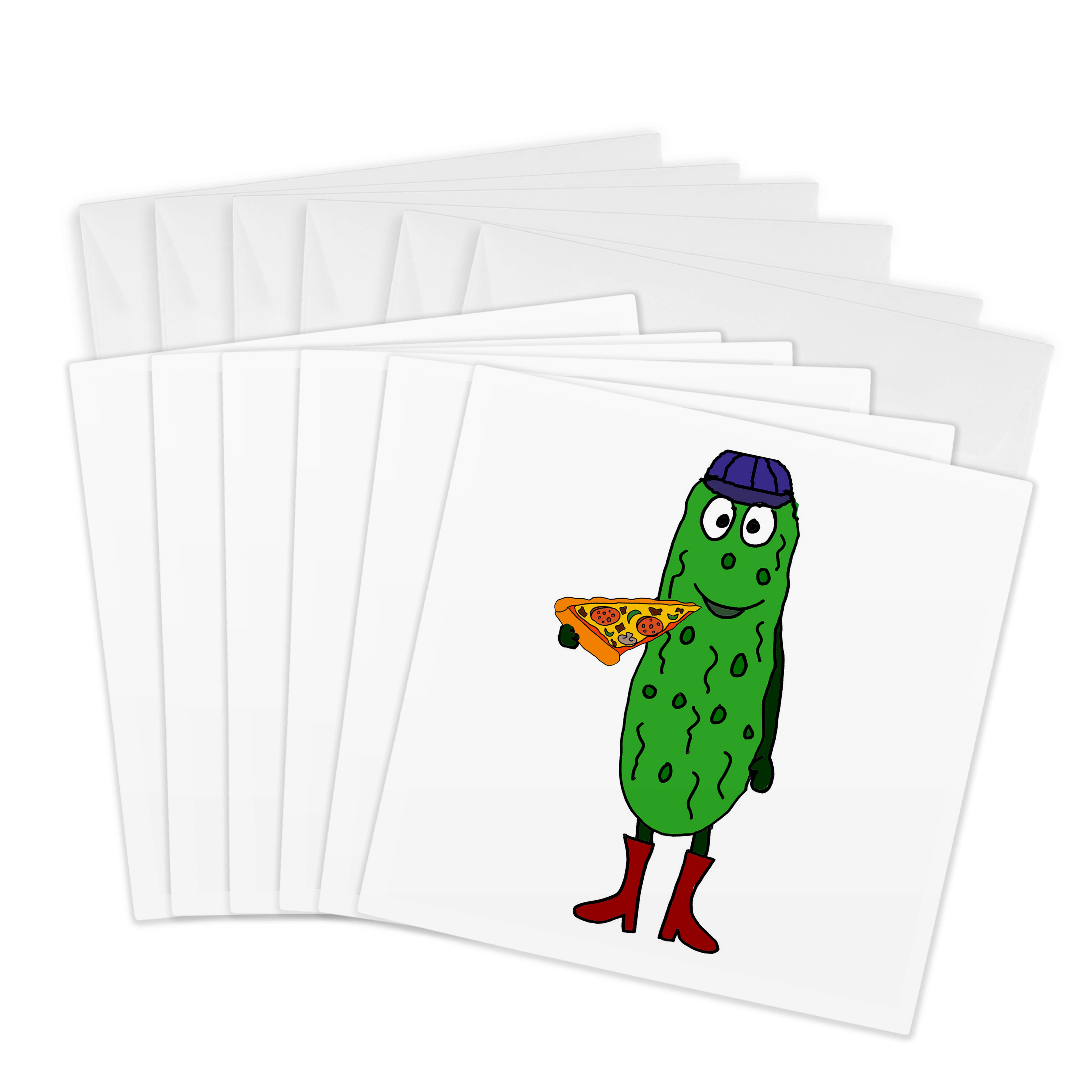 3dRose, Funny Cute Pickle Eating Pizza Slice, Greeting Card
