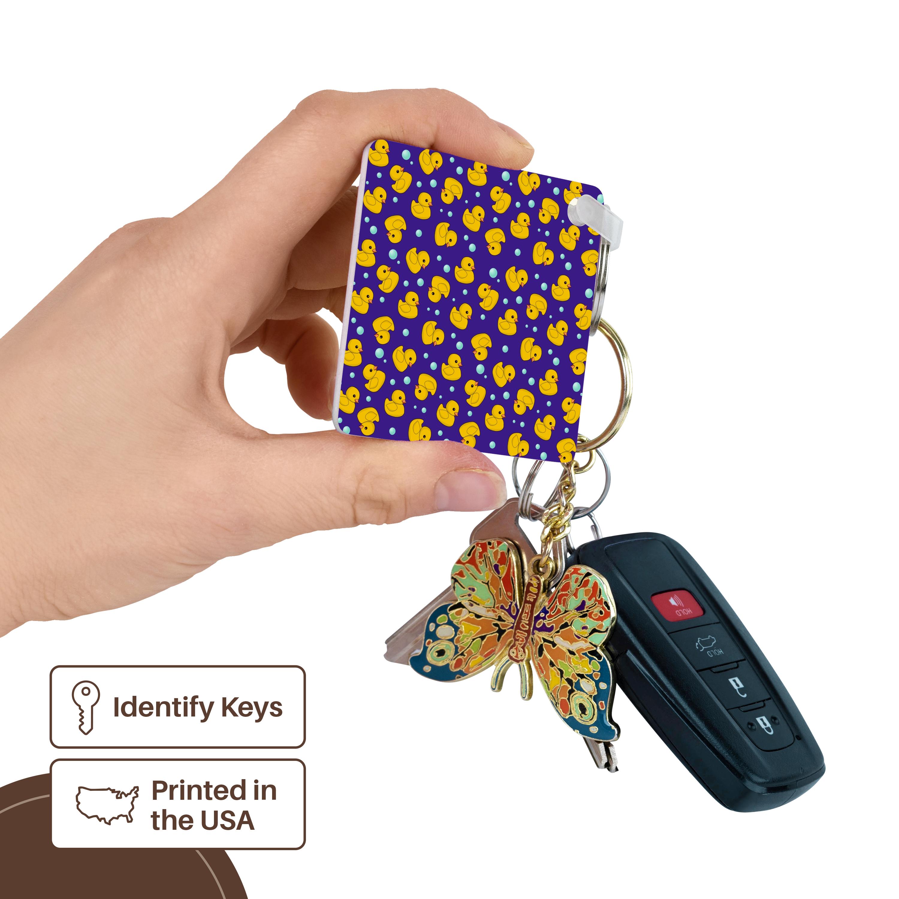 Key Chain - Cute Rubber Duckie pattern Yellow ducks on purple navy blue Kawaii ducky duck - Duckies and bubbles Cute Animals