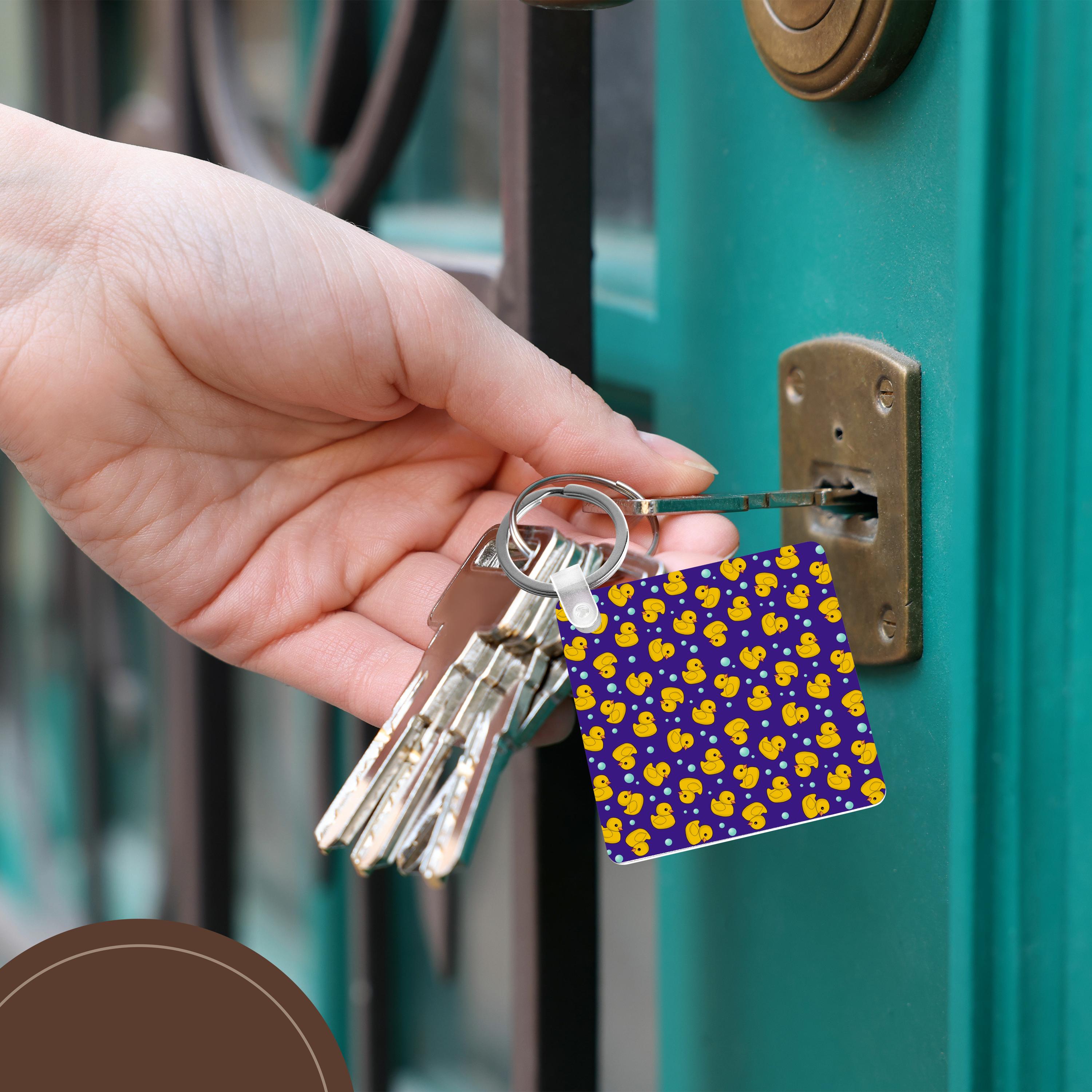 Key Chain - Cute Rubber Duckie pattern Yellow ducks on purple navy blue Kawaii ducky duck - Duckies and bubbles Cute Animals