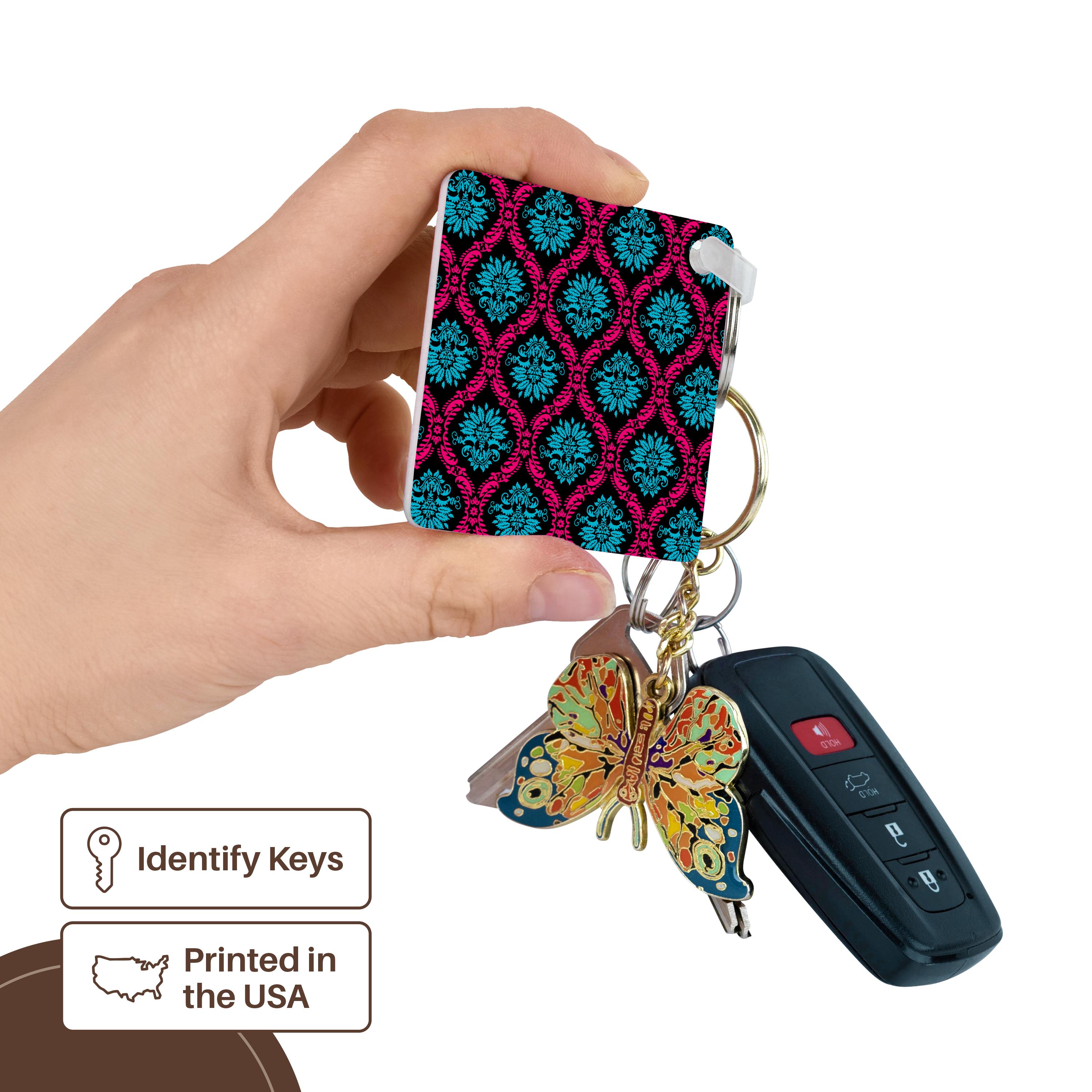 Key Chain - Dooni Designs Hot Pink And Aqua Blue Black Ornate Damask Damask Designs