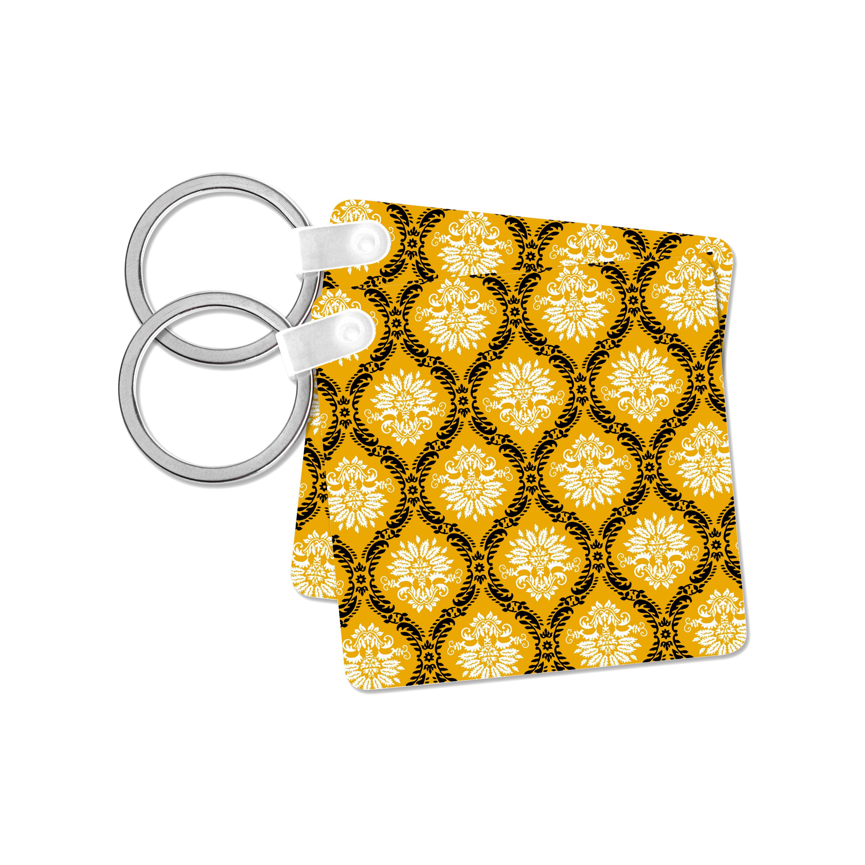 Key Chain - Dooni Designs Marigold Yellow Black White Ornate Damask Pattern Damask Designs