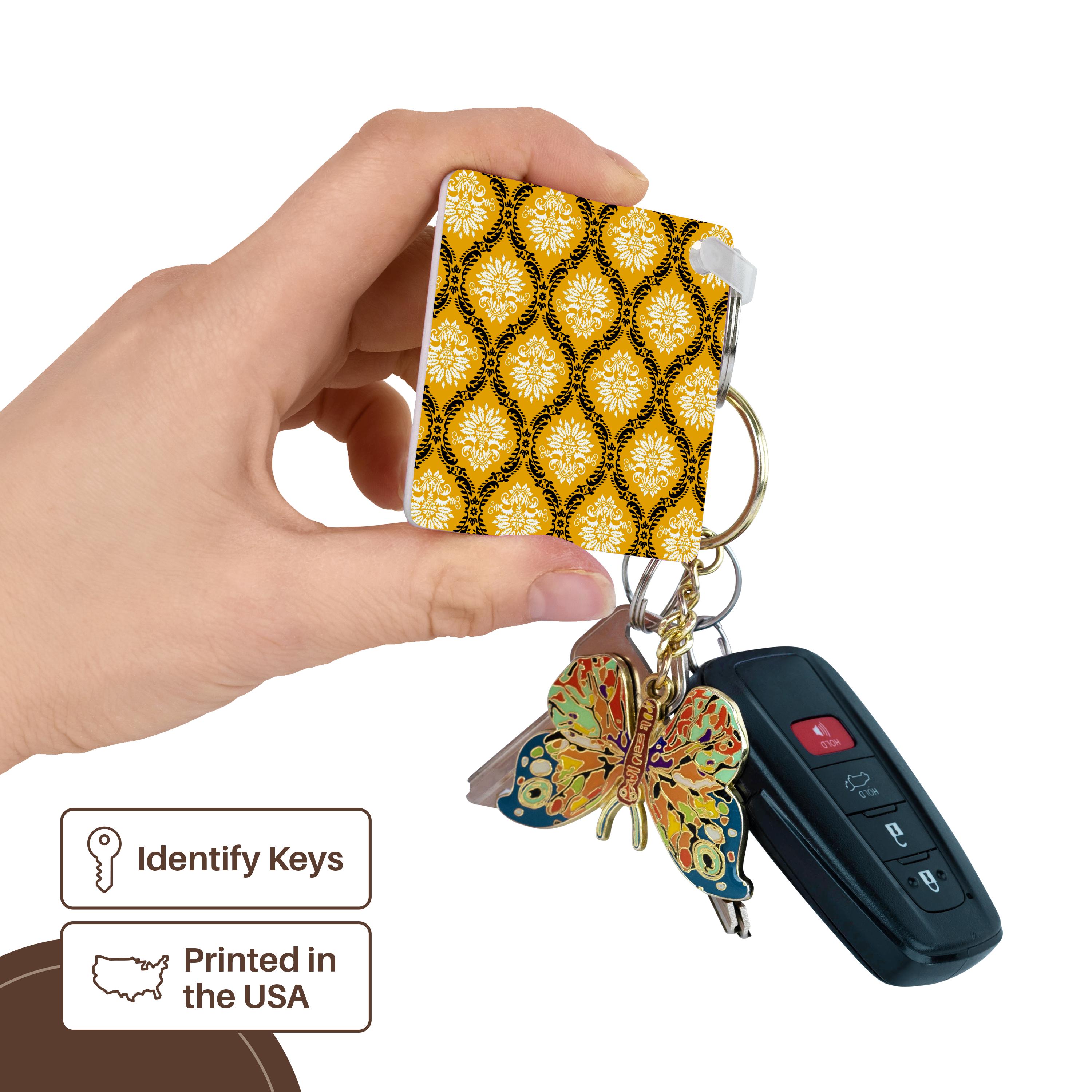 Key Chain - Dooni Designs Marigold Yellow Black White Ornate Damask Pattern Damask Designs