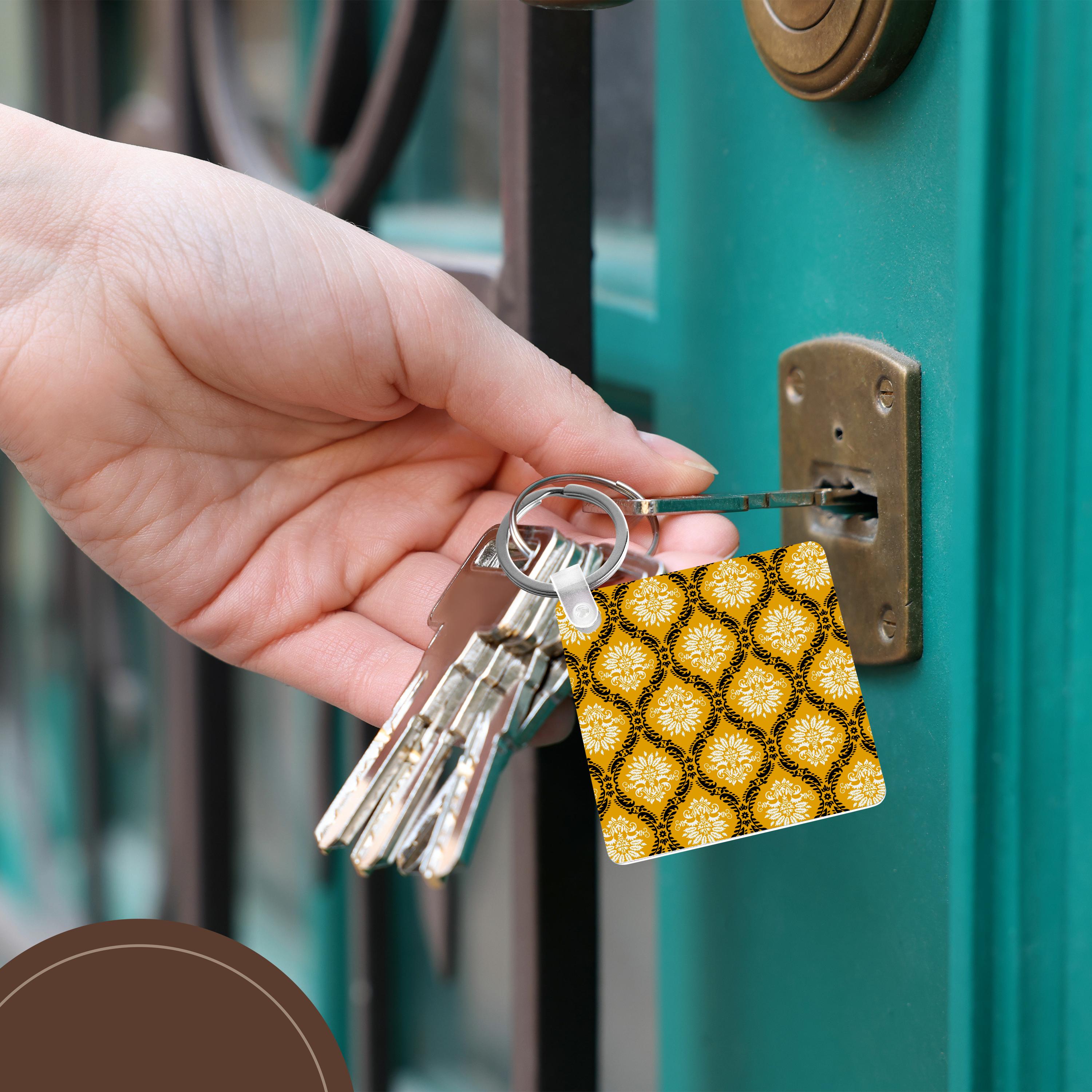 Key Chain - Dooni Designs Marigold Yellow Black White Ornate Damask Pattern Damask Designs