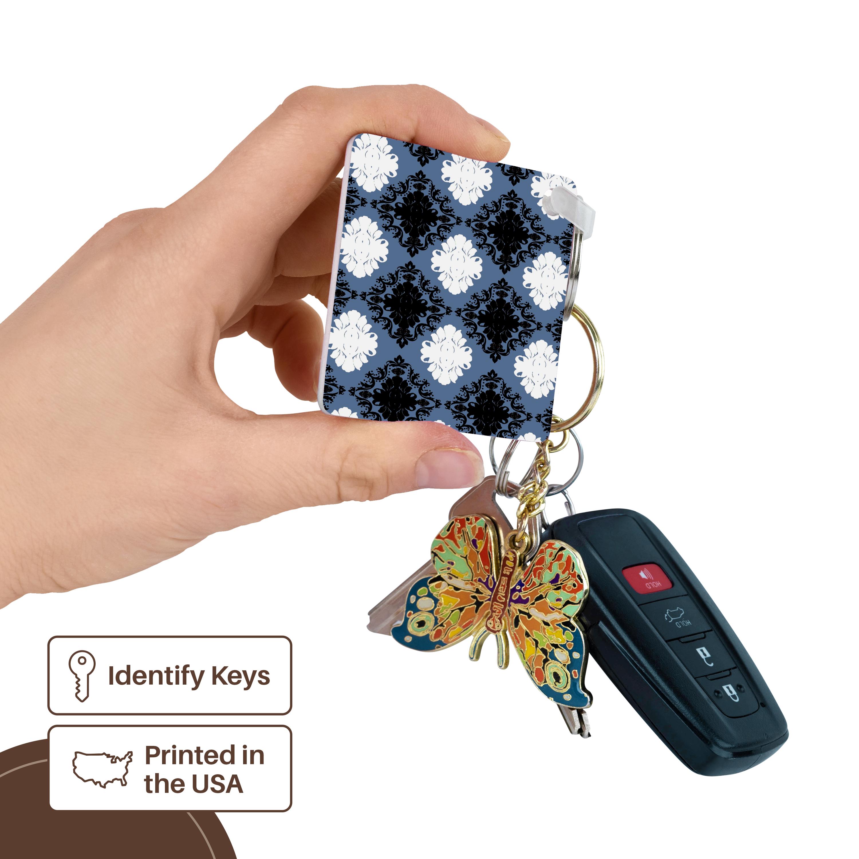 Key Chain - Dooni Designs Slate Blue White Black Diamond Damask Pattern Damask Designs