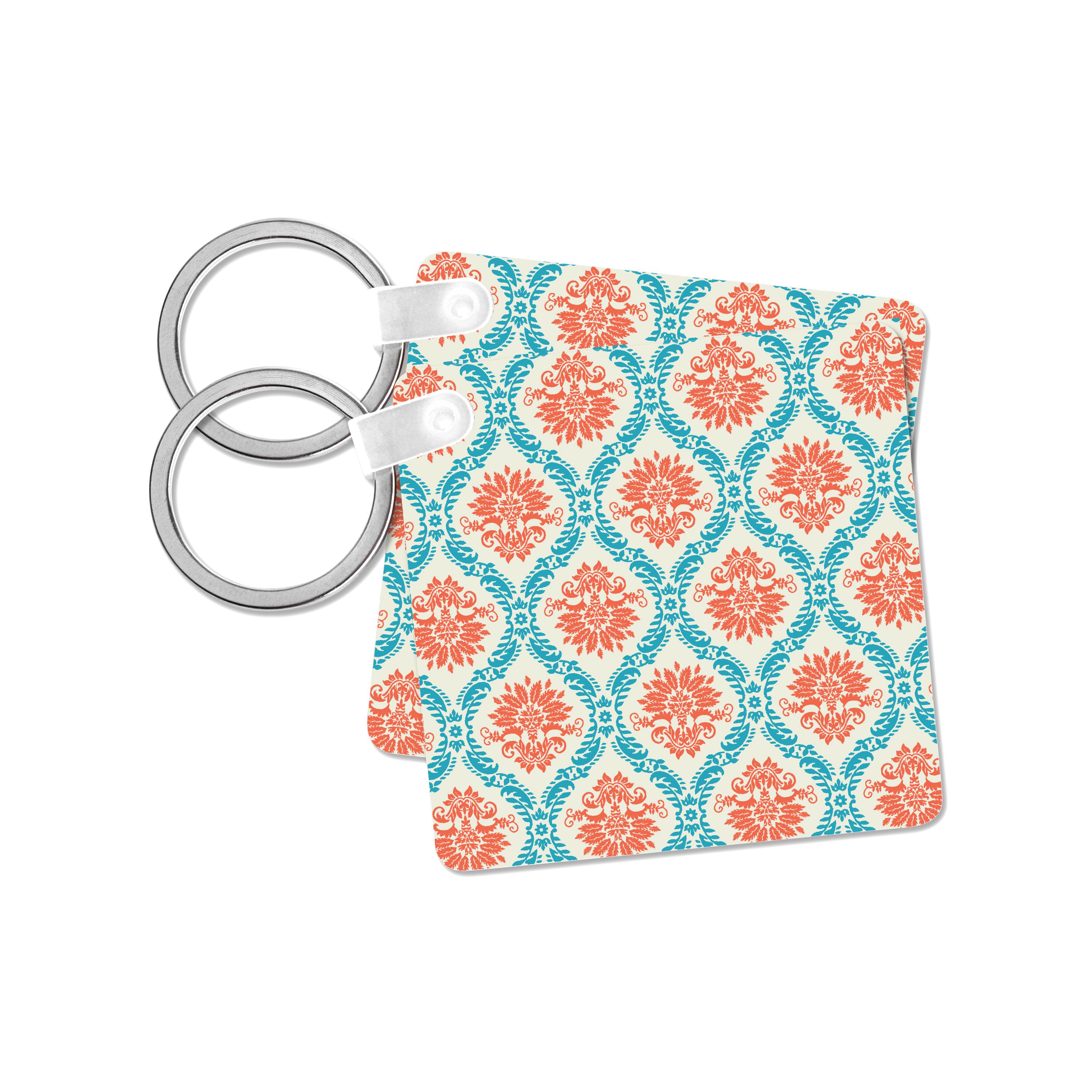 Key Chain - Dooni Designs Tangerine Orange And Aqua Blue Ornate Damask Pattern Damask Designs