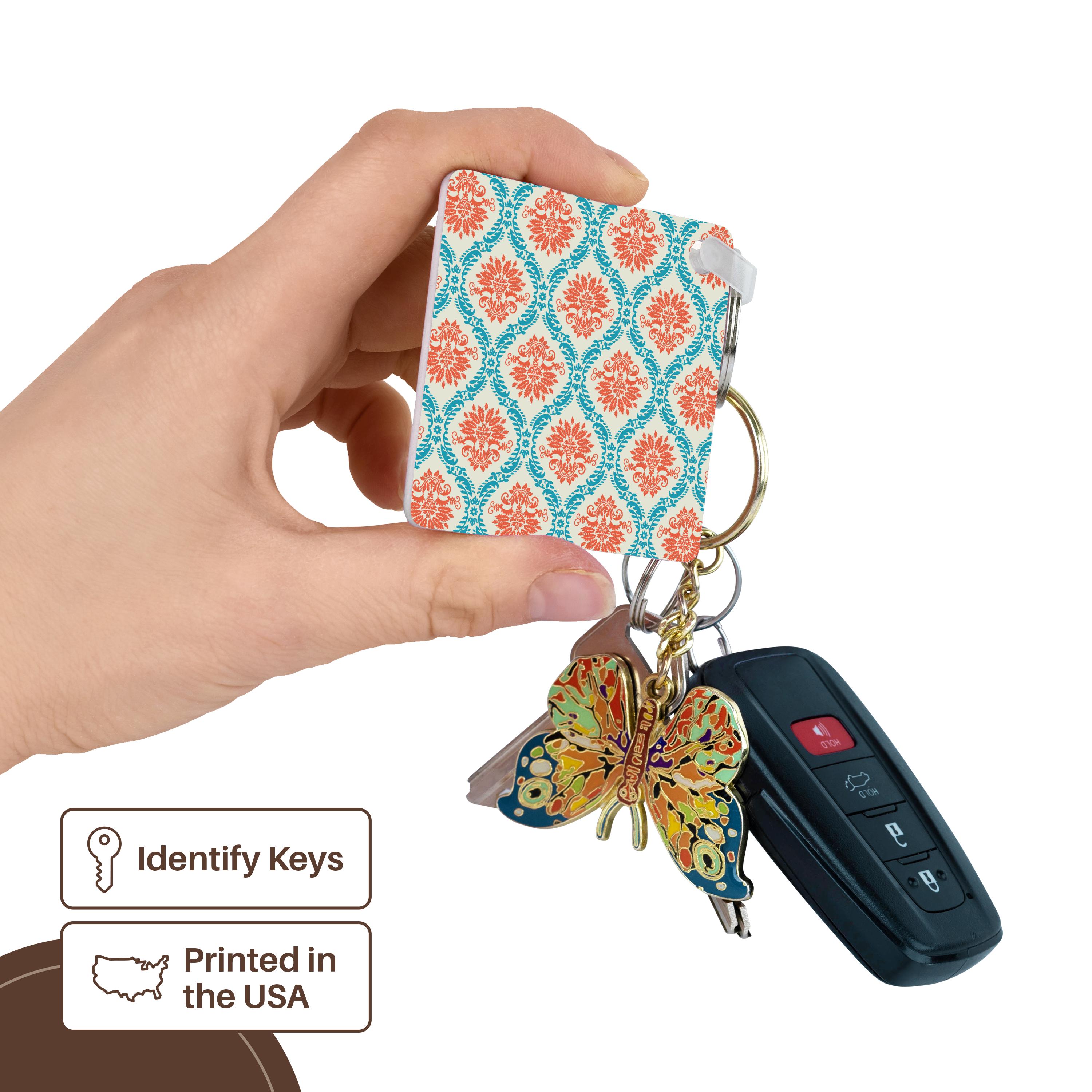 Key Chain - Dooni Designs Tangerine Orange And Aqua Blue Ornate Damask Pattern Damask Designs