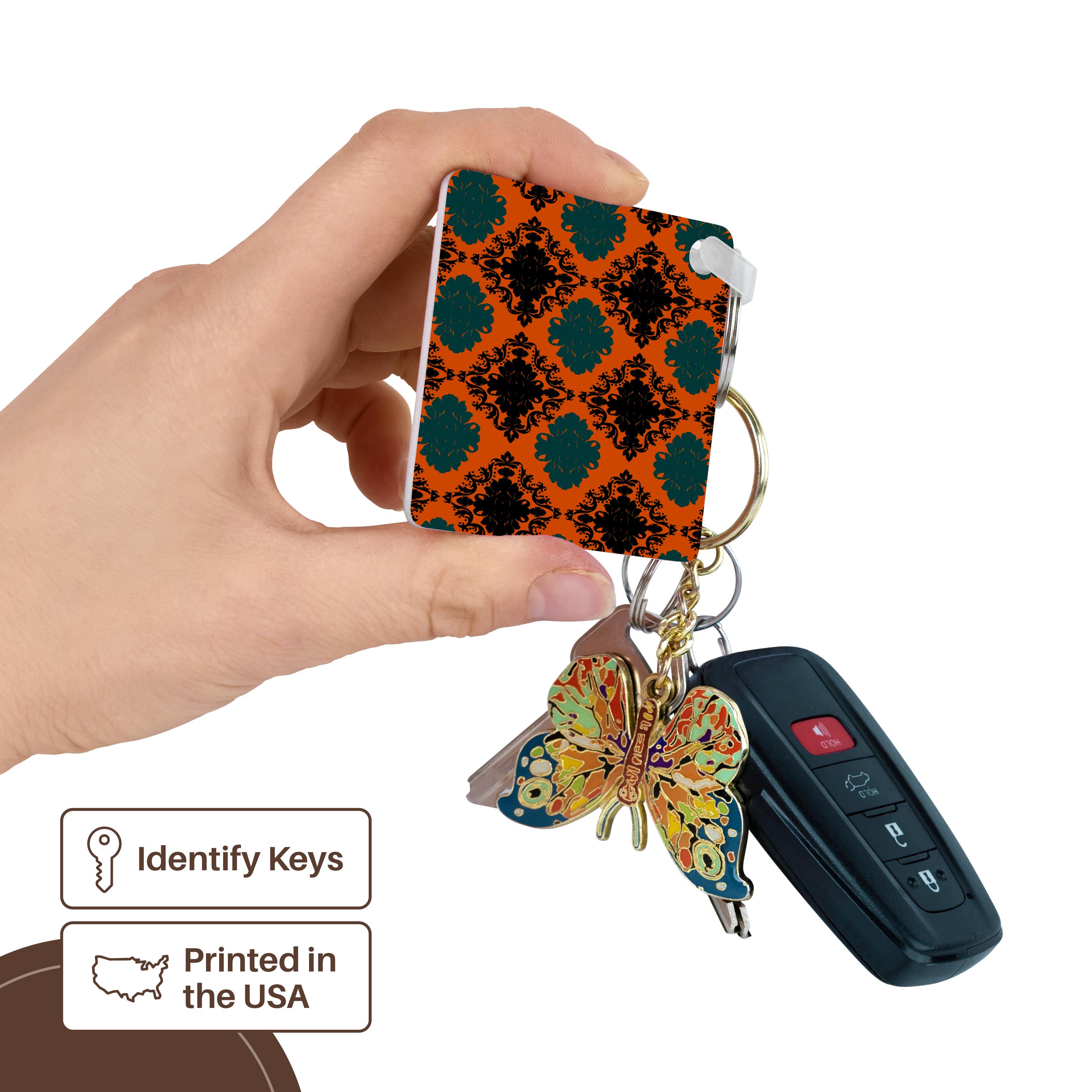 Key Chain - Dooni Designs Tangy Orange Teal Black Damask Pattern Damask Designs
