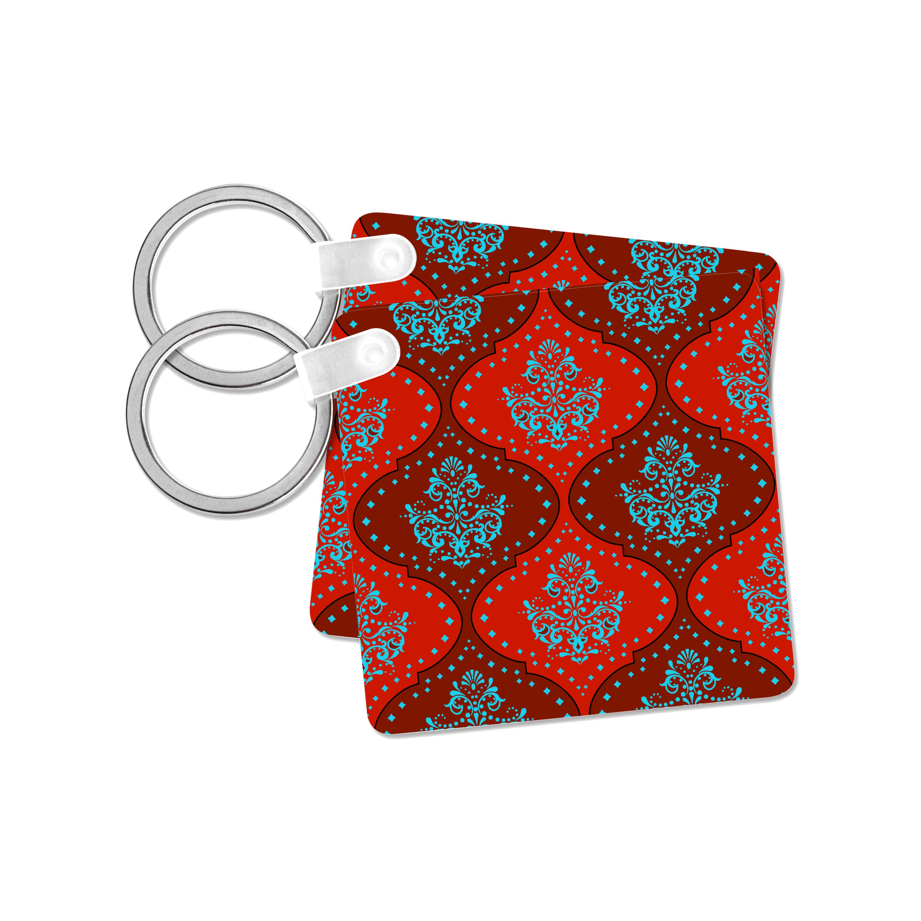 Key Chain - Dooni Designs Teal Aqua Blue Red White Henna Damask Damask Designs