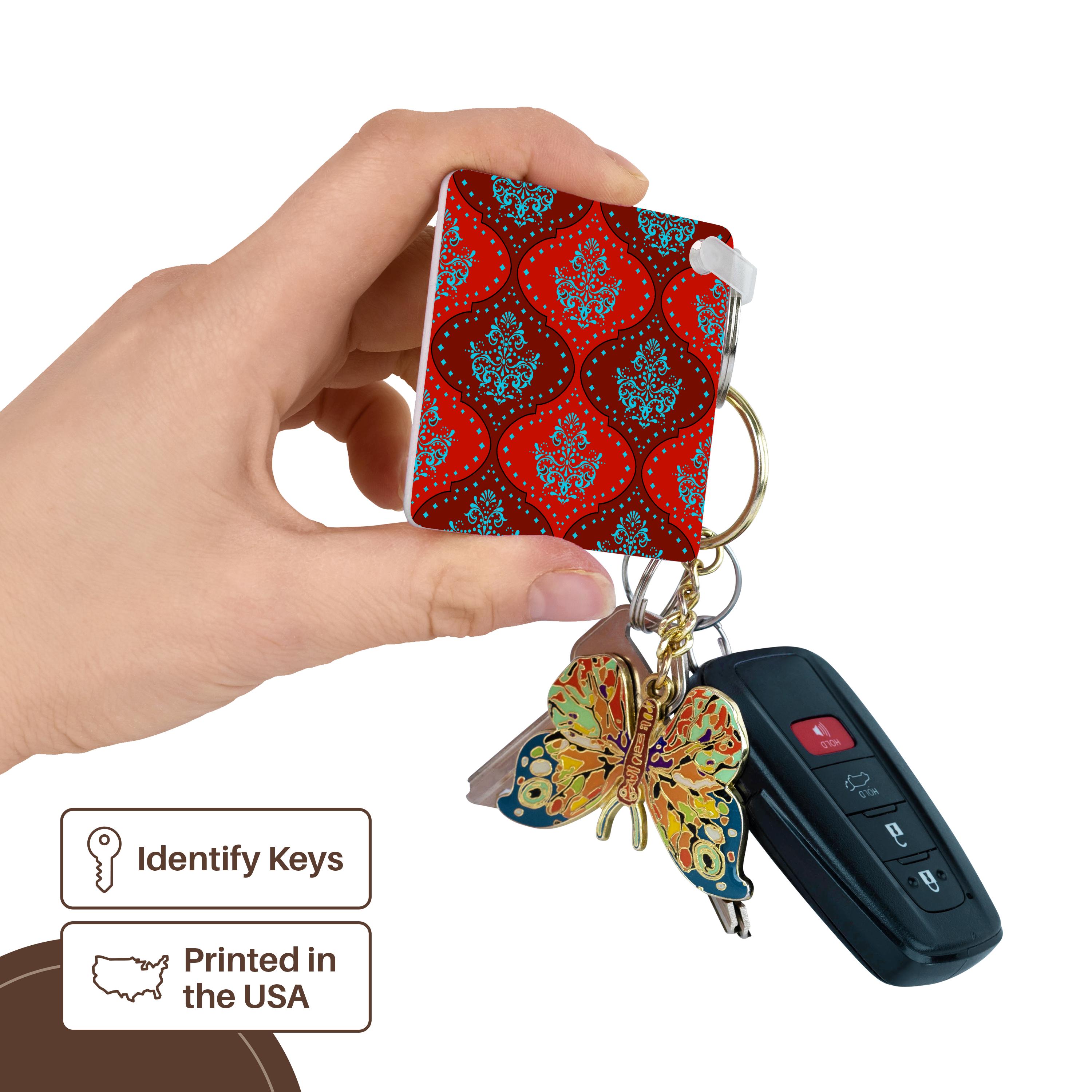 Key Chain - Dooni Designs Teal Aqua Blue Red White Henna Damask Damask Designs