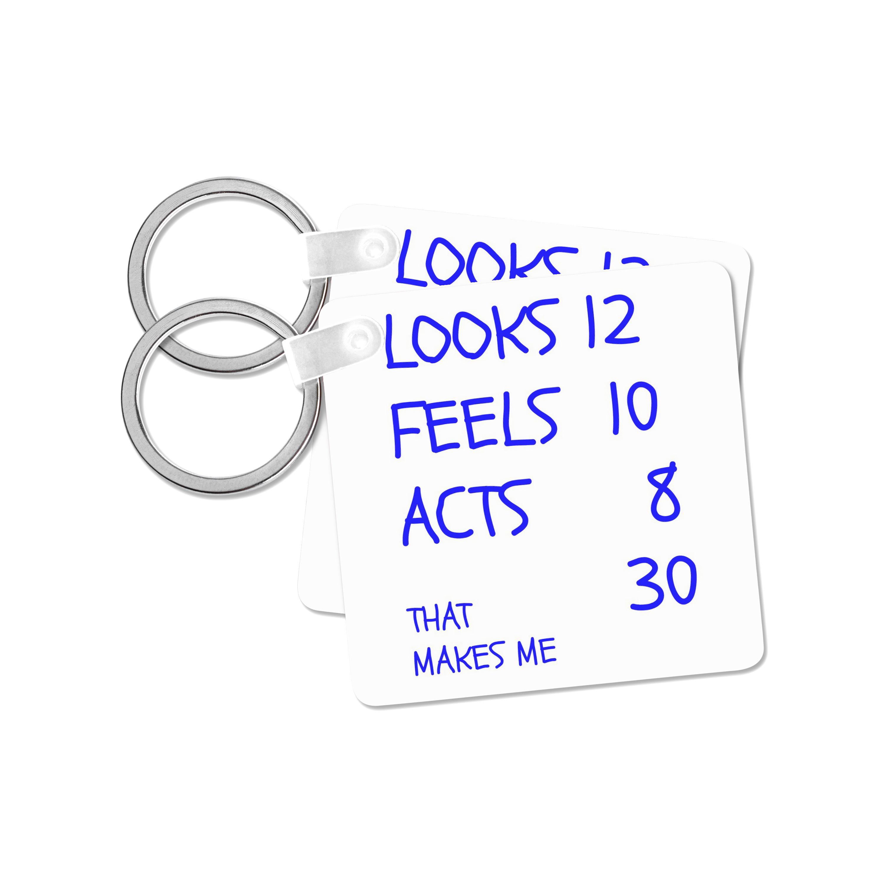 Key Chain - that makes me 30, blue lettering Xander birthday quotes