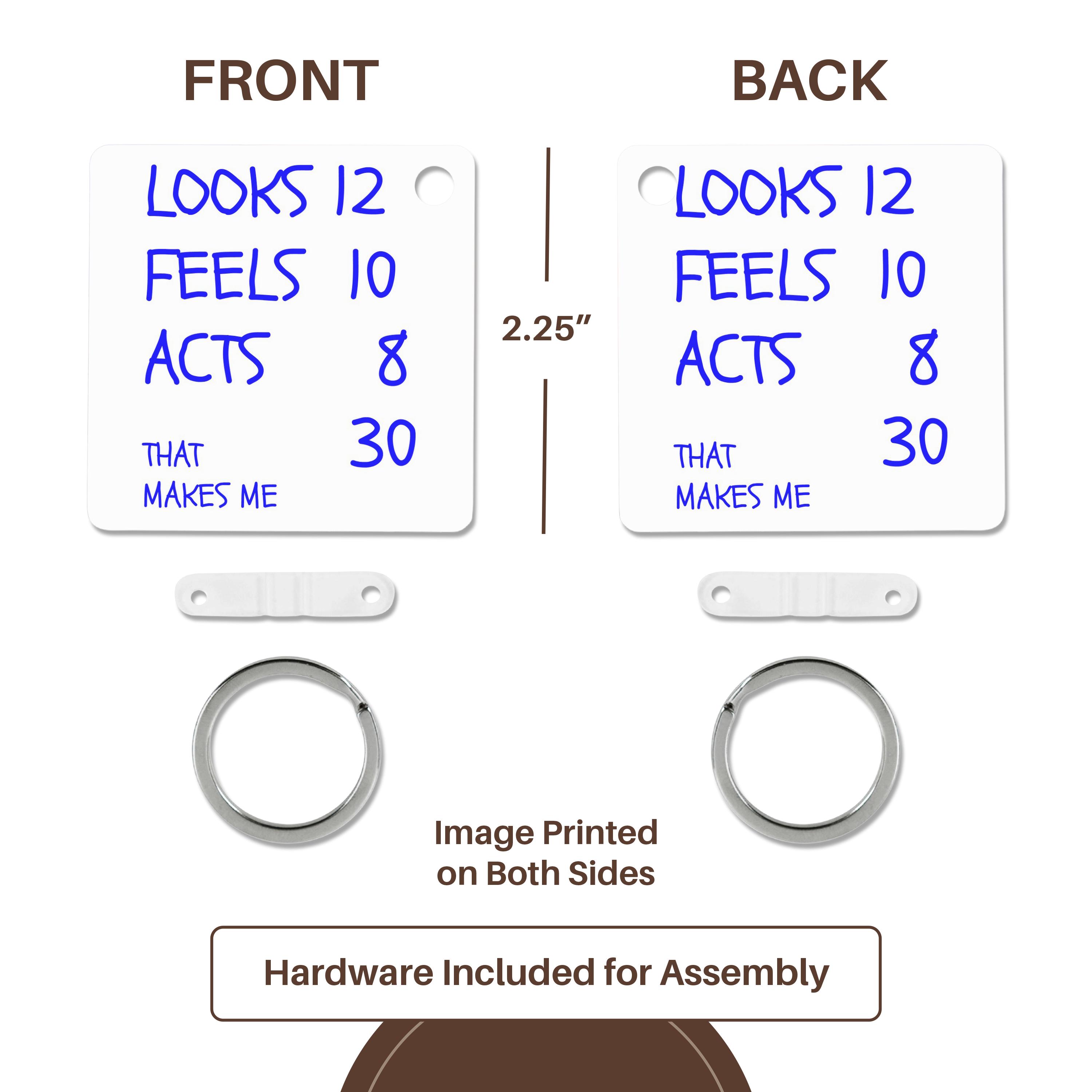 Key Chain - that makes me 30, blue lettering Xander birthday quotes