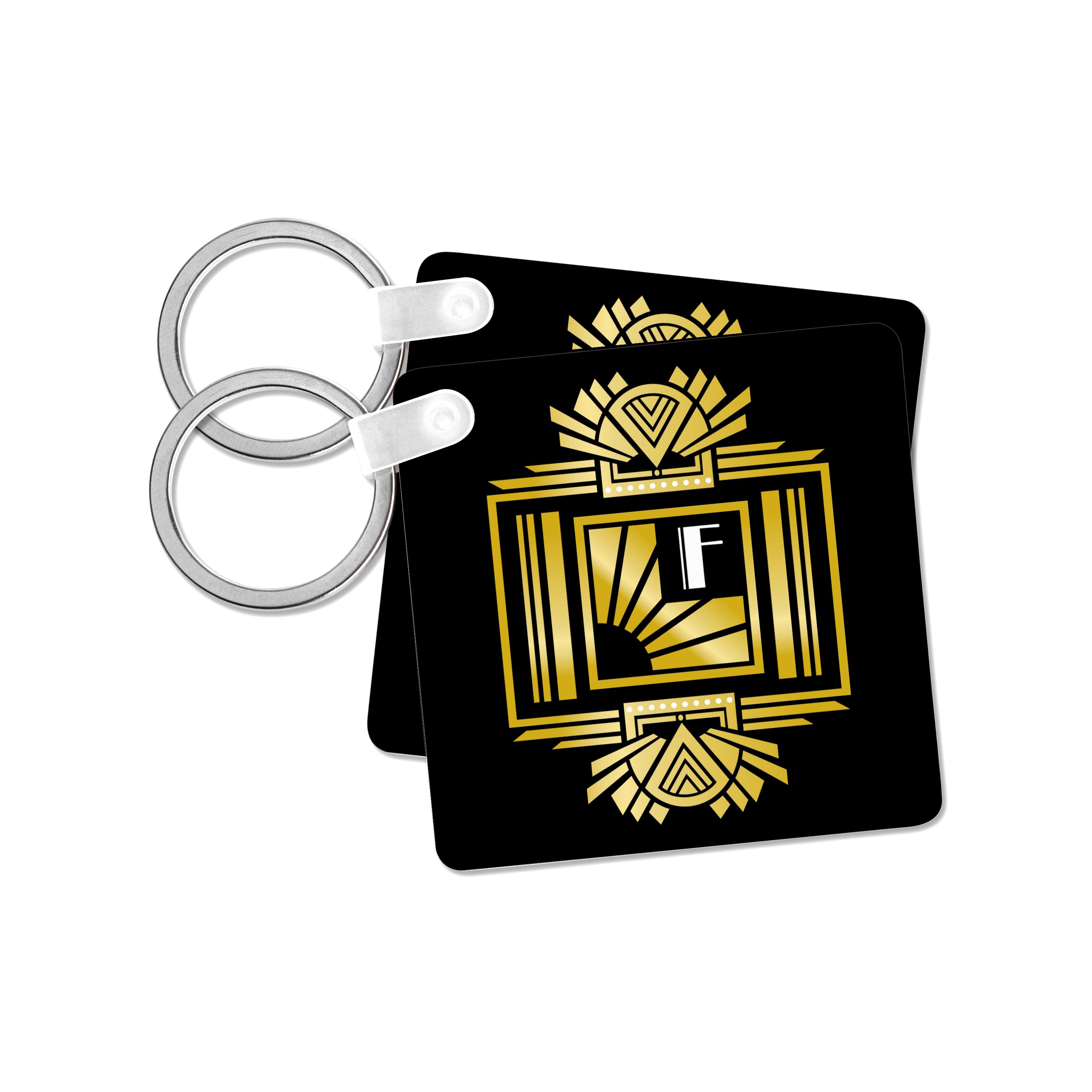 3dRose Key Chains Art Deco Monogram Letter F- Gold Effect and White on Black Background (kc-241209-1)