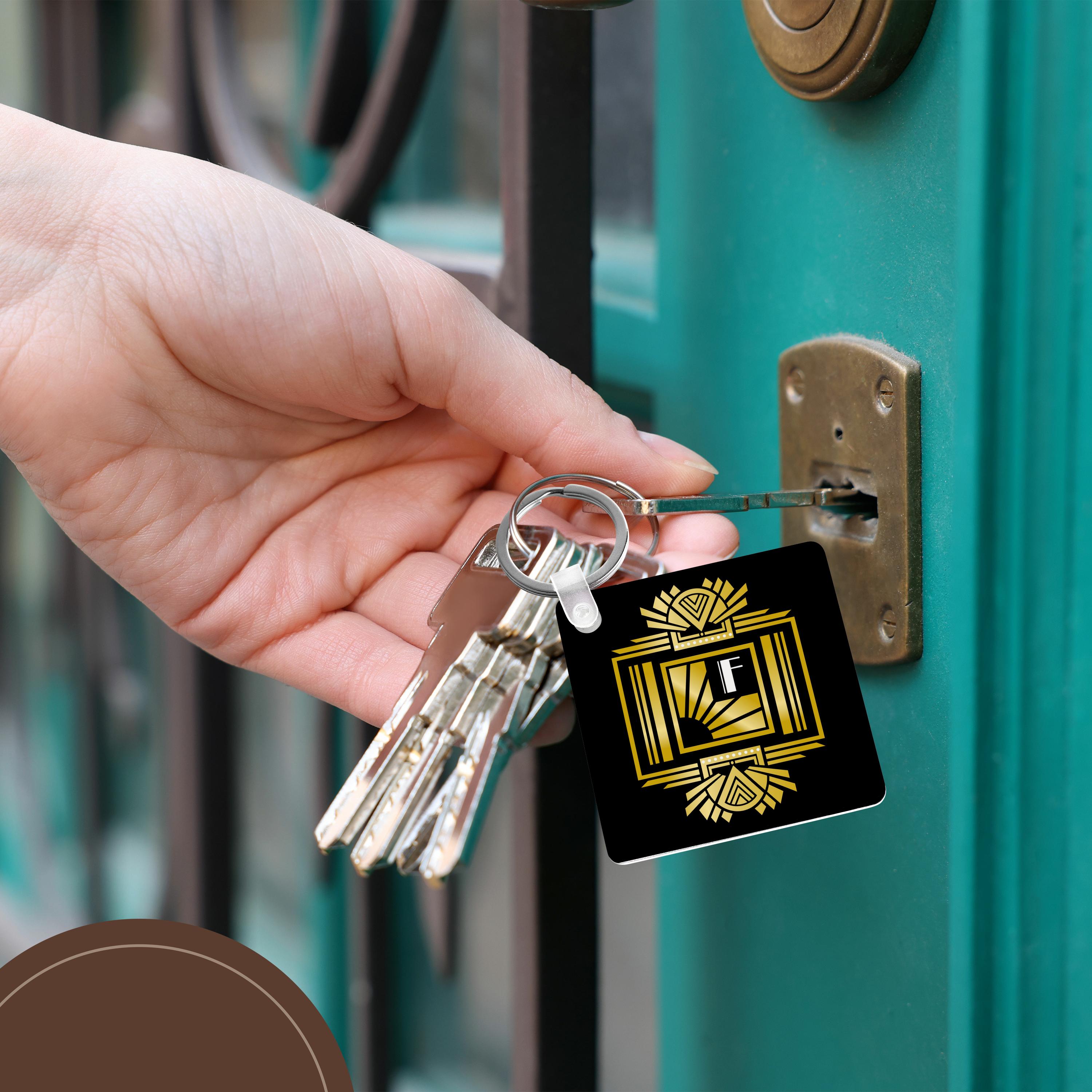 3dRose Key Chains Art Deco Monogram Letter F- Gold Effect and White on Black Background (kc-241209-1)