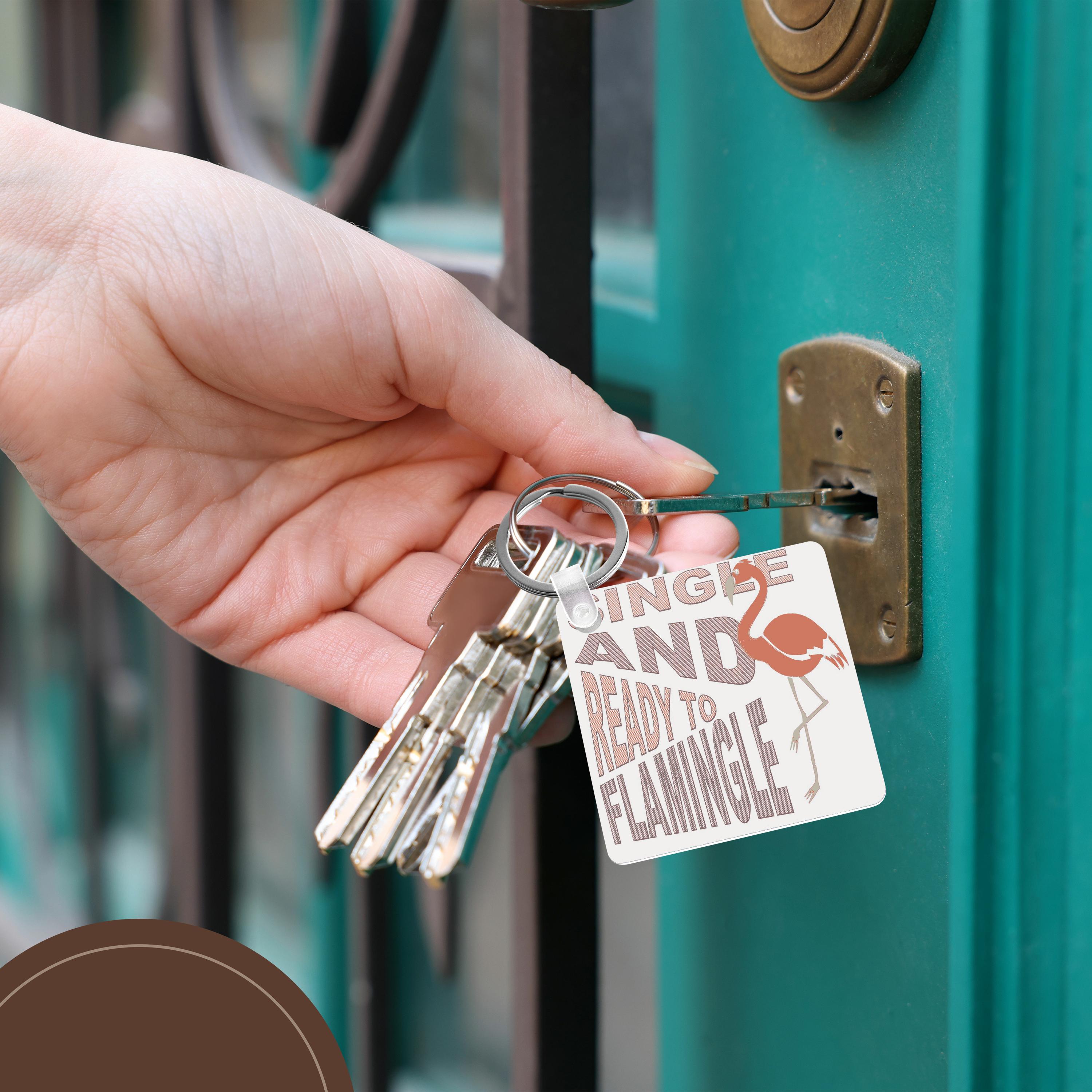 Key Chain - Single And Ready To Flamingle Dating Text Design - Flamingo