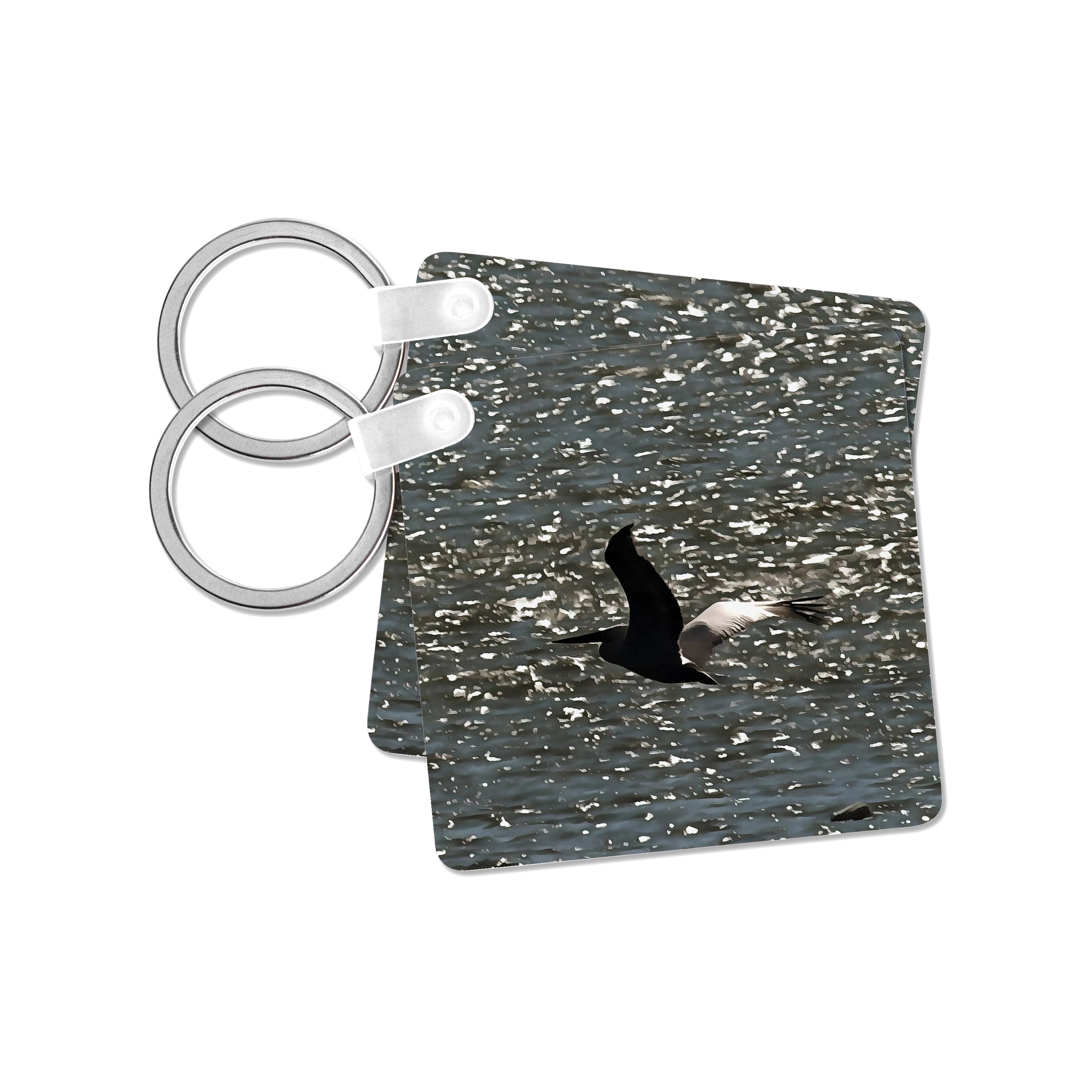 Key Chain - Pelican Flying Over Shimmering Lake Bafa Acrylic Painting - Pelican