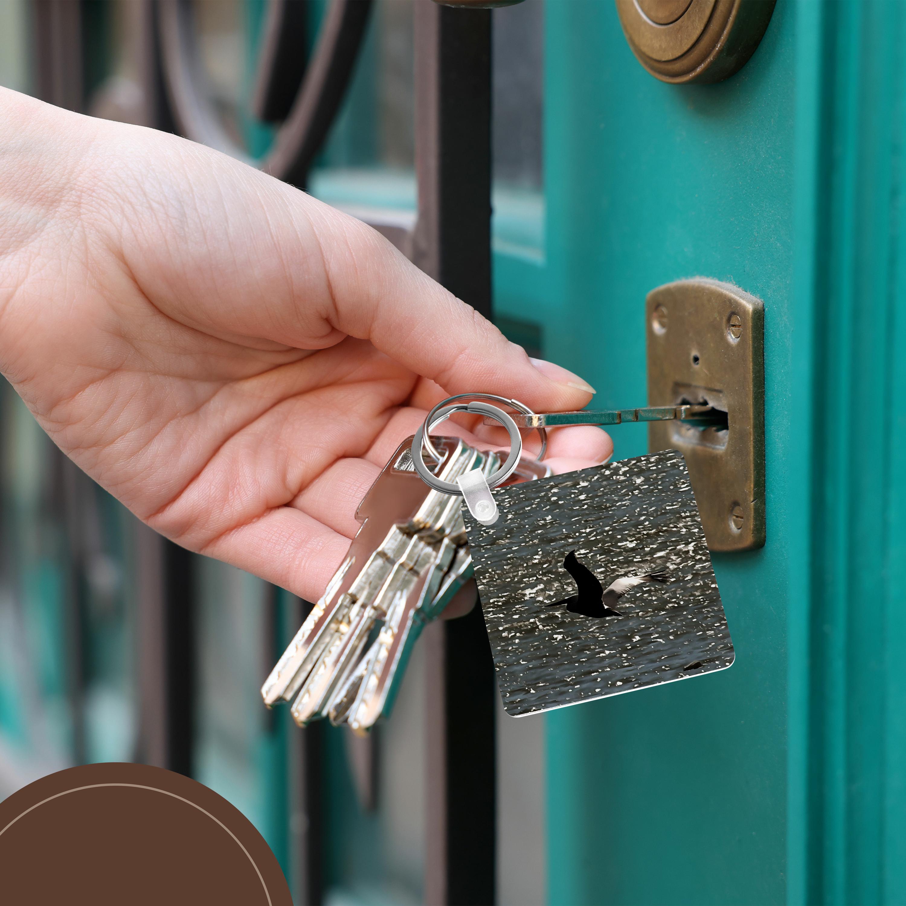 Key Chain - Pelican Flying Over Shimmering Lake Bafa Acrylic Painting - Pelican