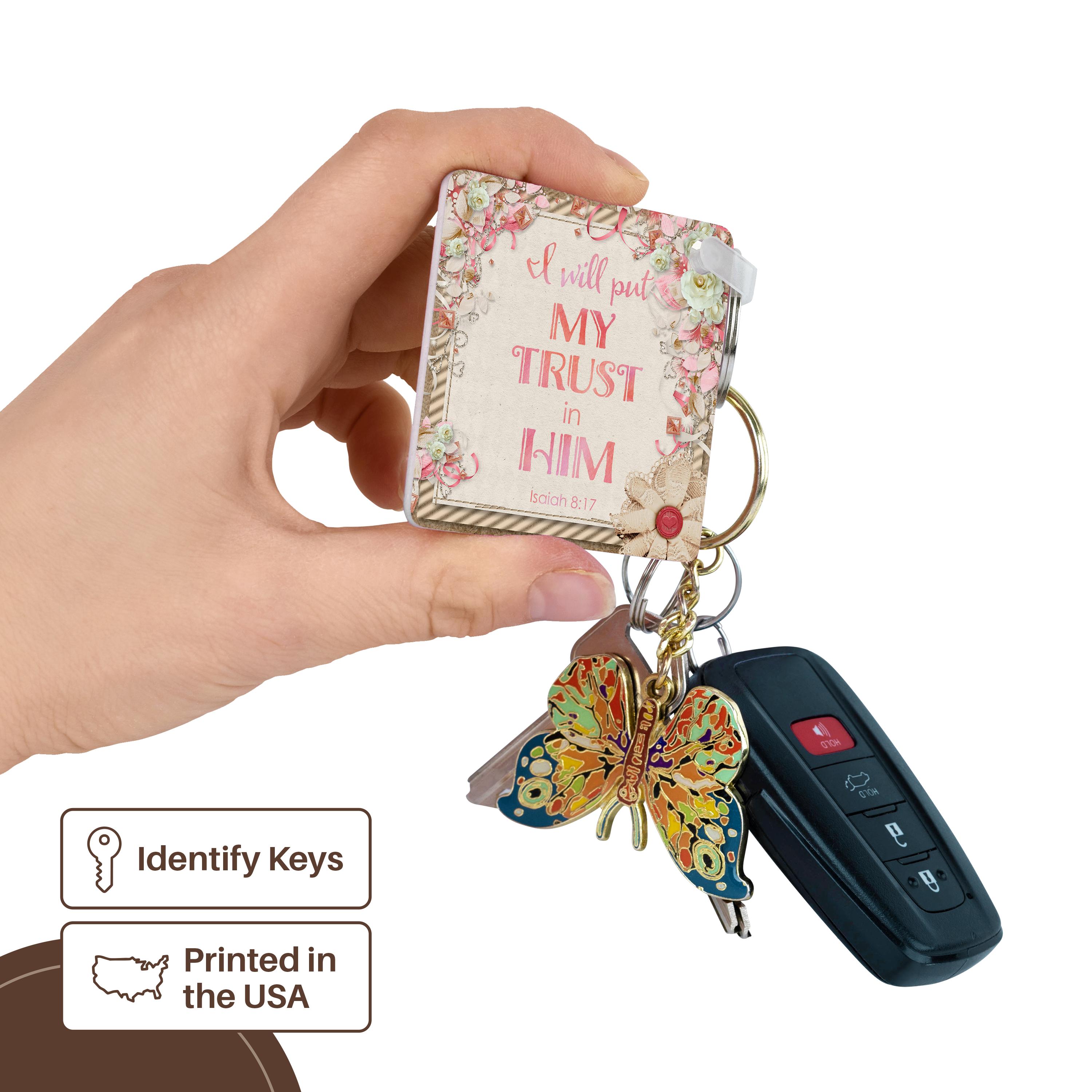 Key Chain - Nostalgic Illustration With Bible Psalm I Will Put My Trust In Him Inspirational Typography