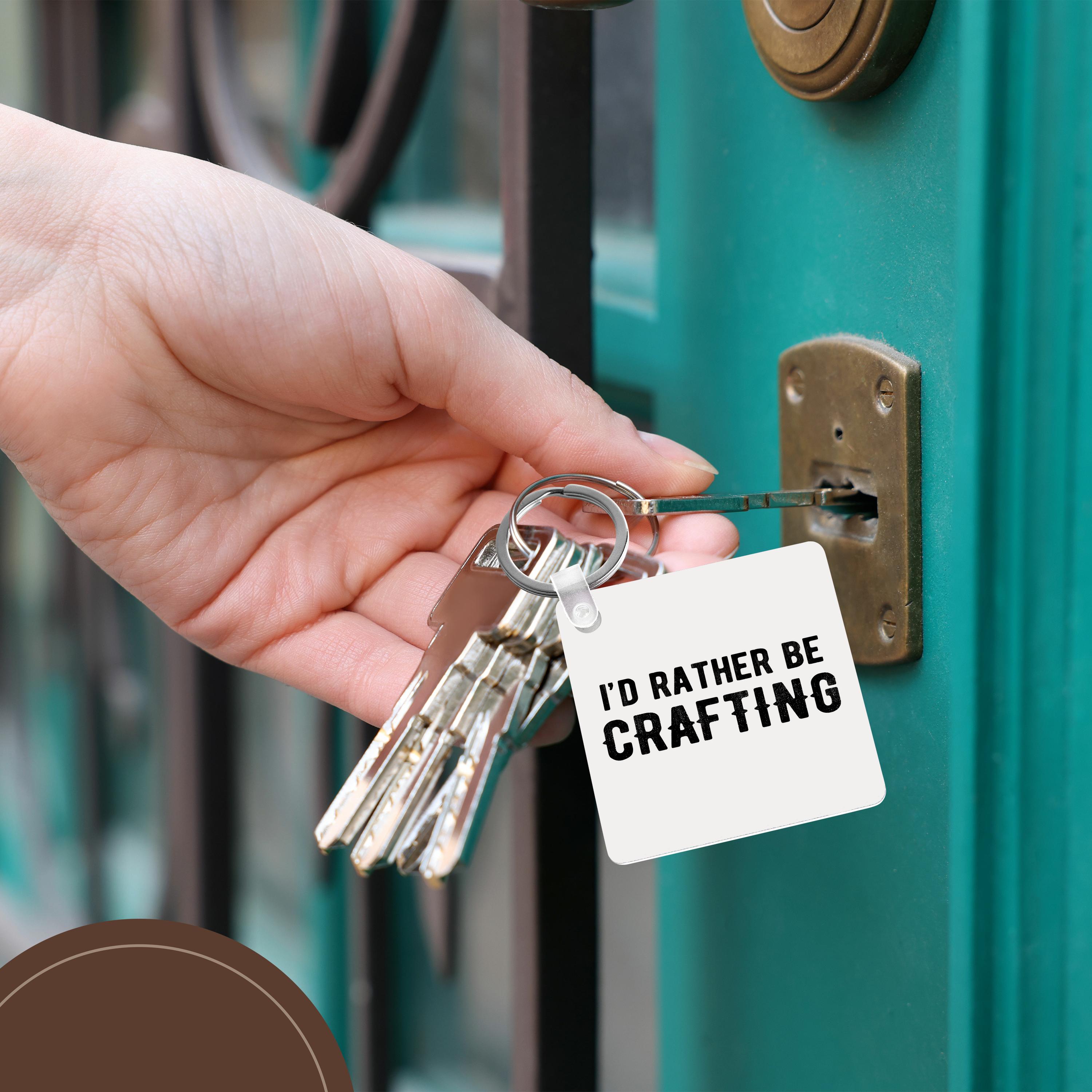 Key Chain - Id rather be crafting. Black lettering on white background. Stamp City - typography
