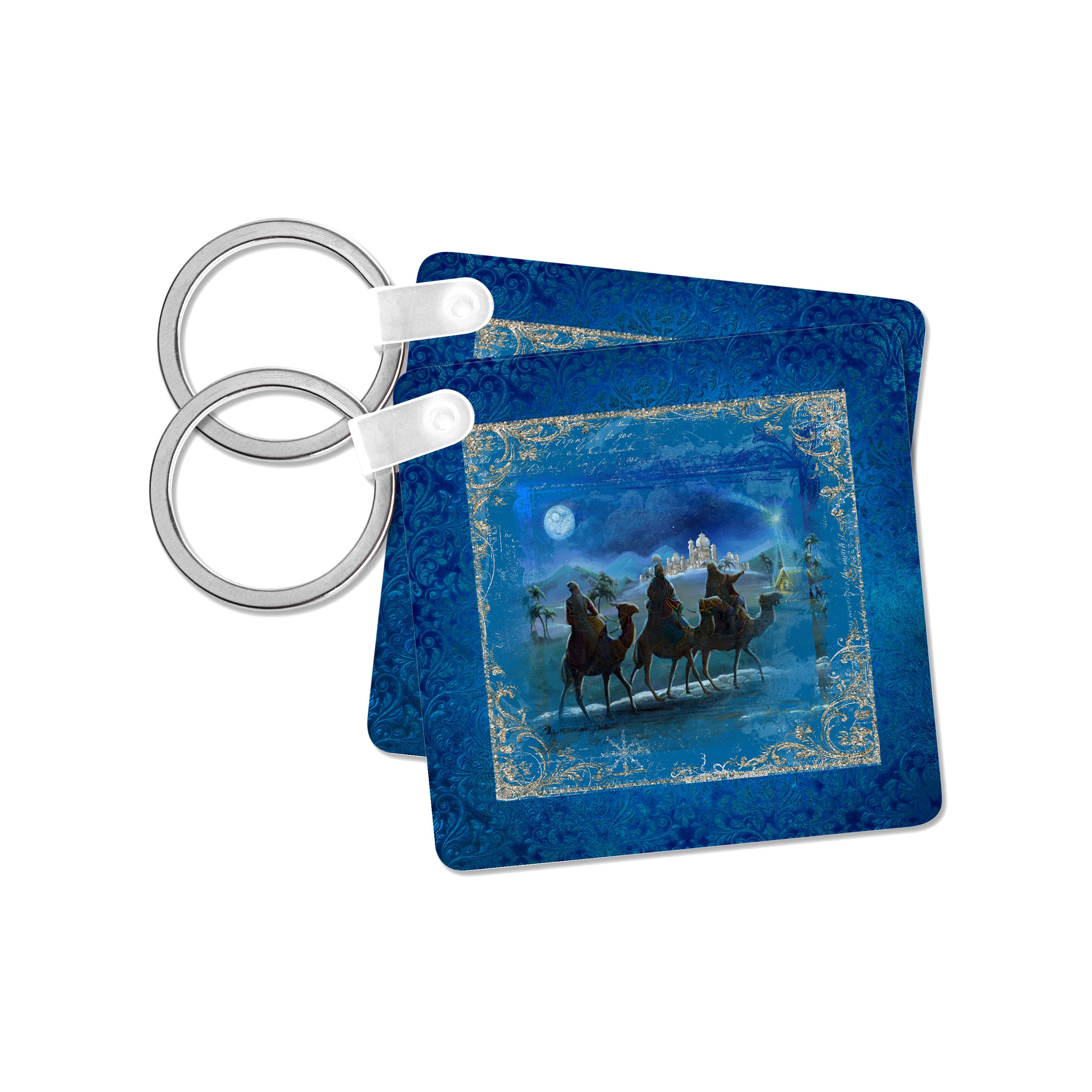 Key Chain - Three Kings Travel Bethlehem, Beautiful Frame, Moon in Sky, Blue Epiphany Design