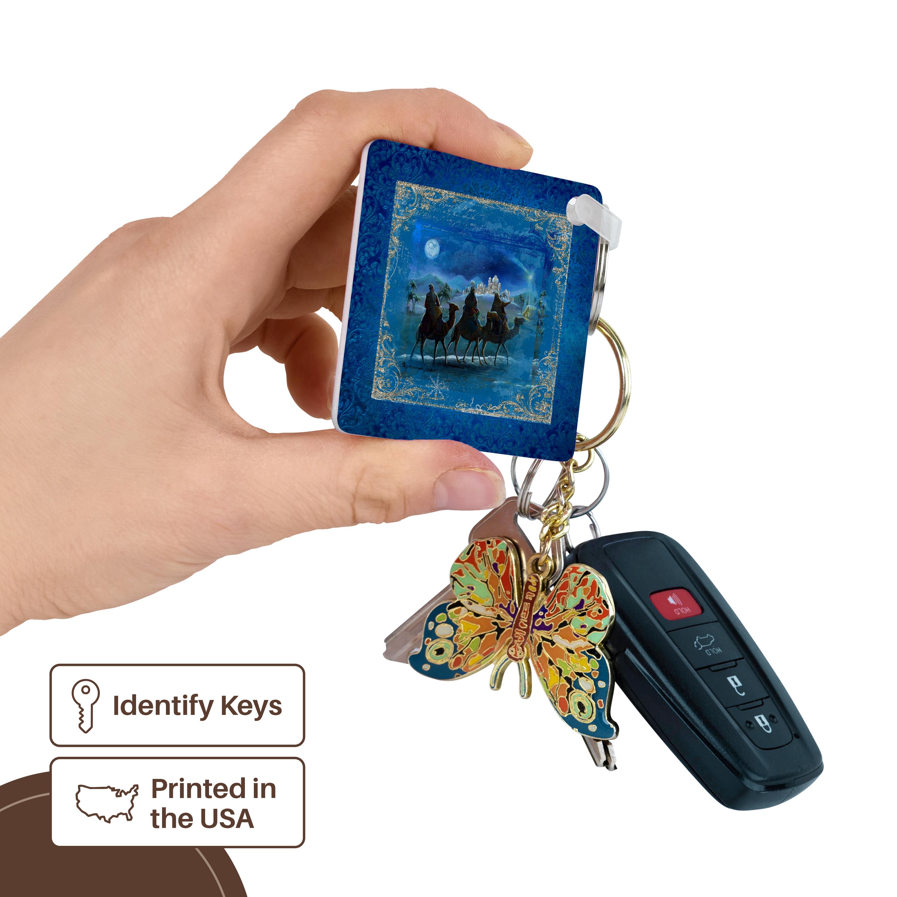 Key Chain - Three Kings Travel Bethlehem, Beautiful Frame, Moon in Sky, Blue Epiphany Design