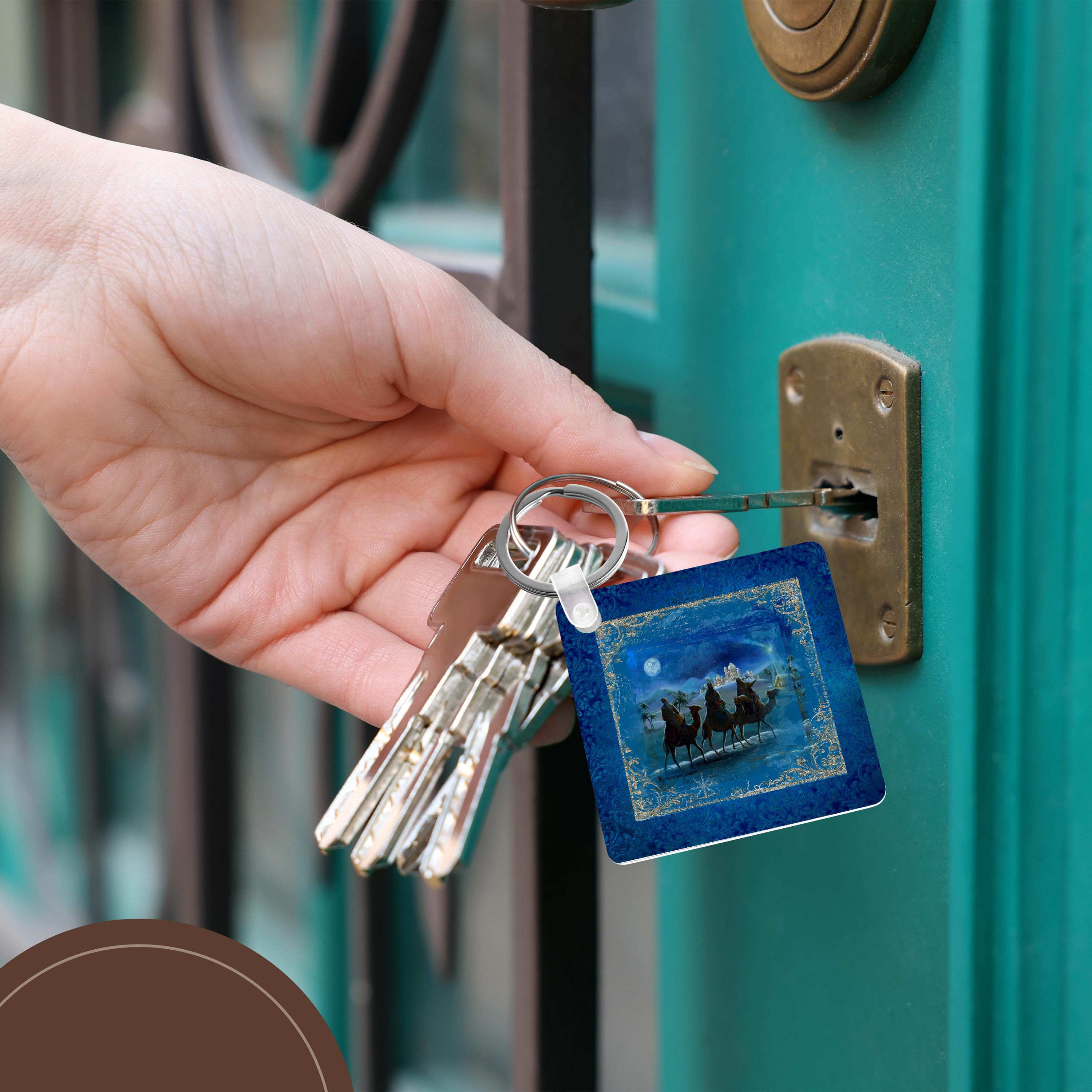 Key Chain - Three Kings Travel Bethlehem, Beautiful Frame, Moon in Sky, Blue Epiphany Design