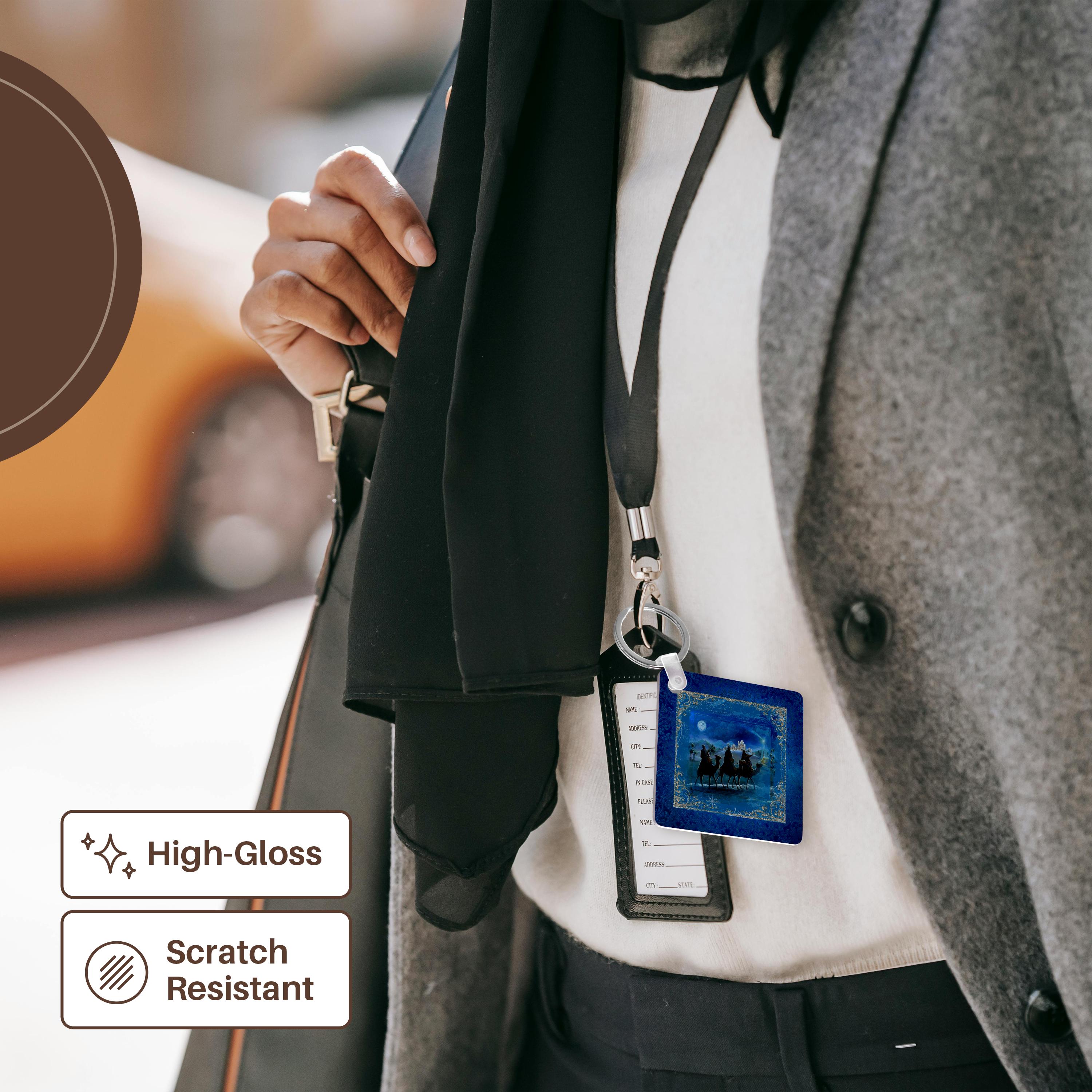 Key Chain - Three Kings Travel Bethlehem, Beautiful Frame, Moon in Sky, Blue Epiphany Design