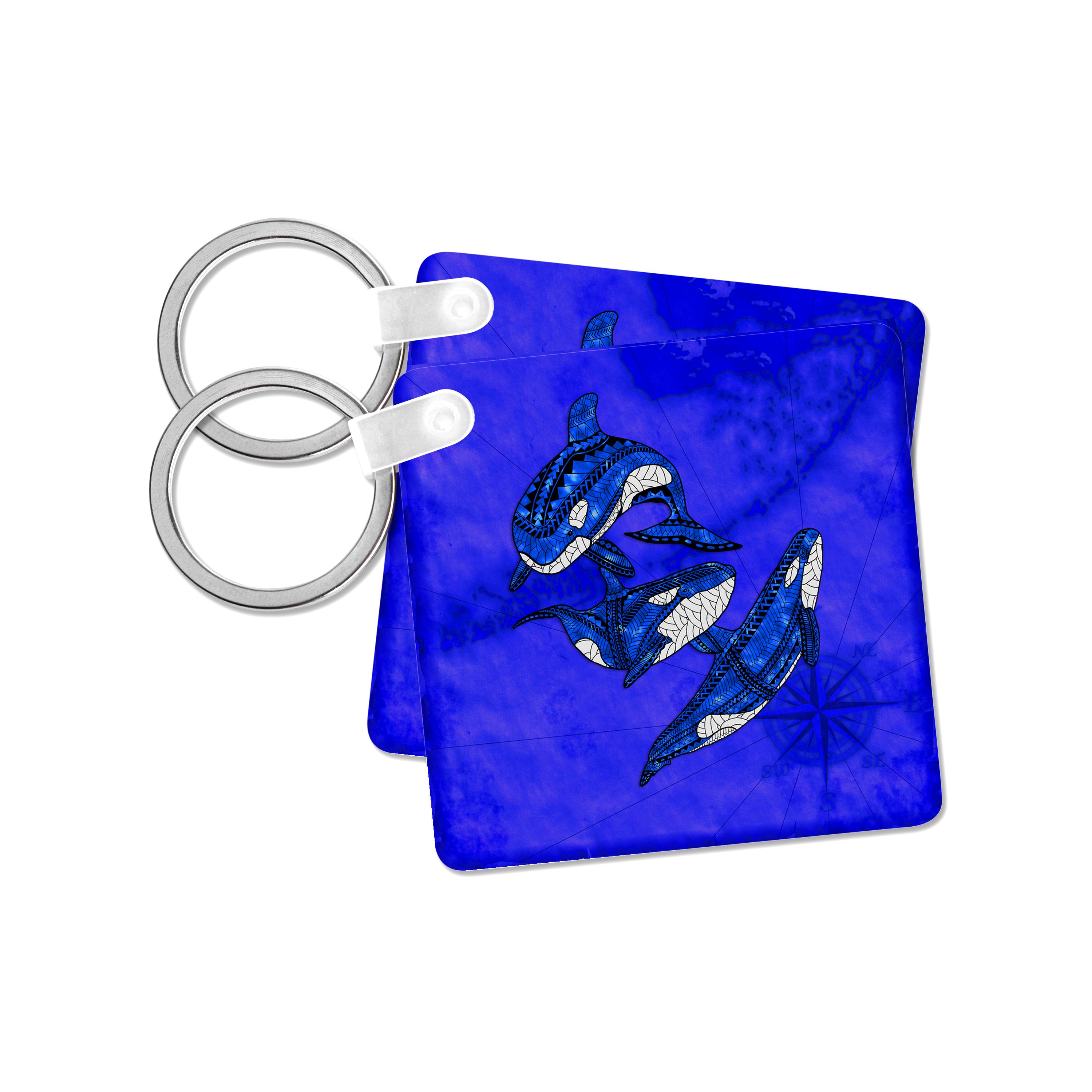 Key Chain - Three killer whales tribal art of orcas over a blue nautical map. Creative Studios – Tribal Ocean Animals