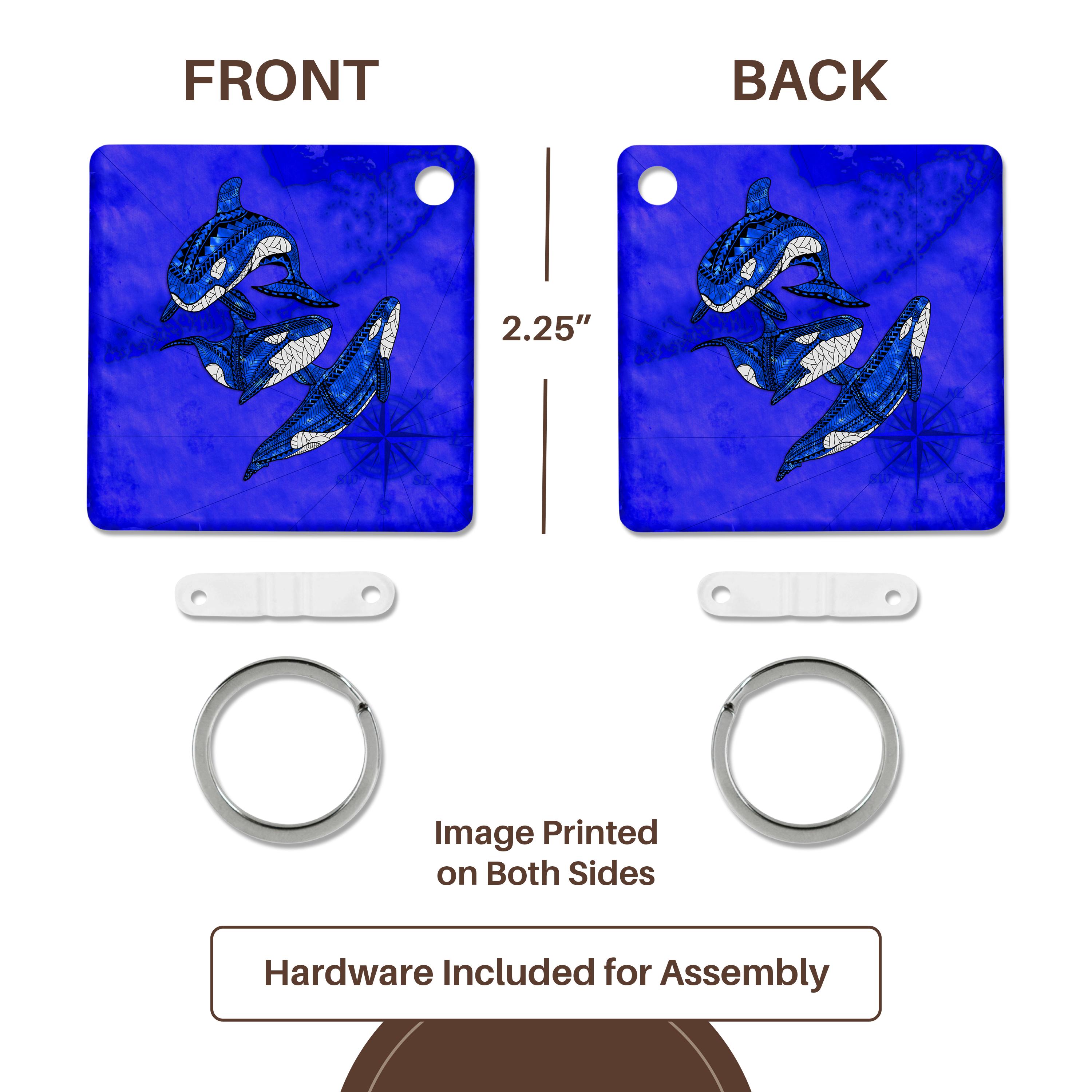Key Chain - Three killer whales tribal art of orcas over a blue nautical map. Creative Studios – Tribal Ocean Animals
