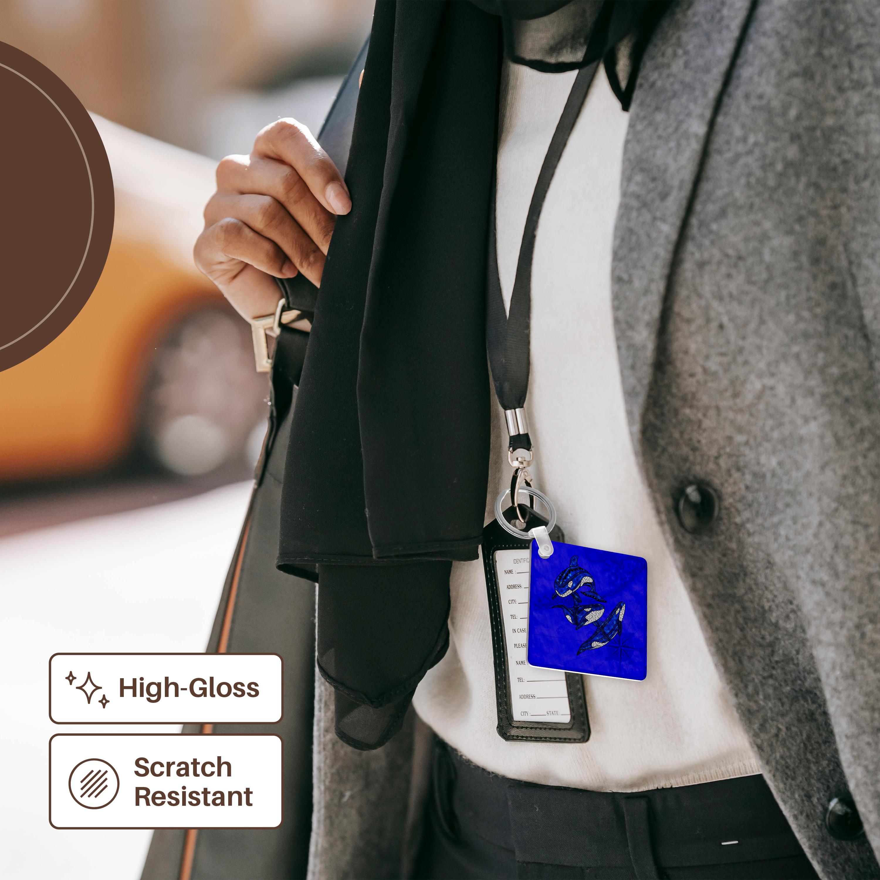 Key Chain - Three killer whales tribal art of orcas over a blue nautical map. Creative Studios – Tribal Ocean Animals