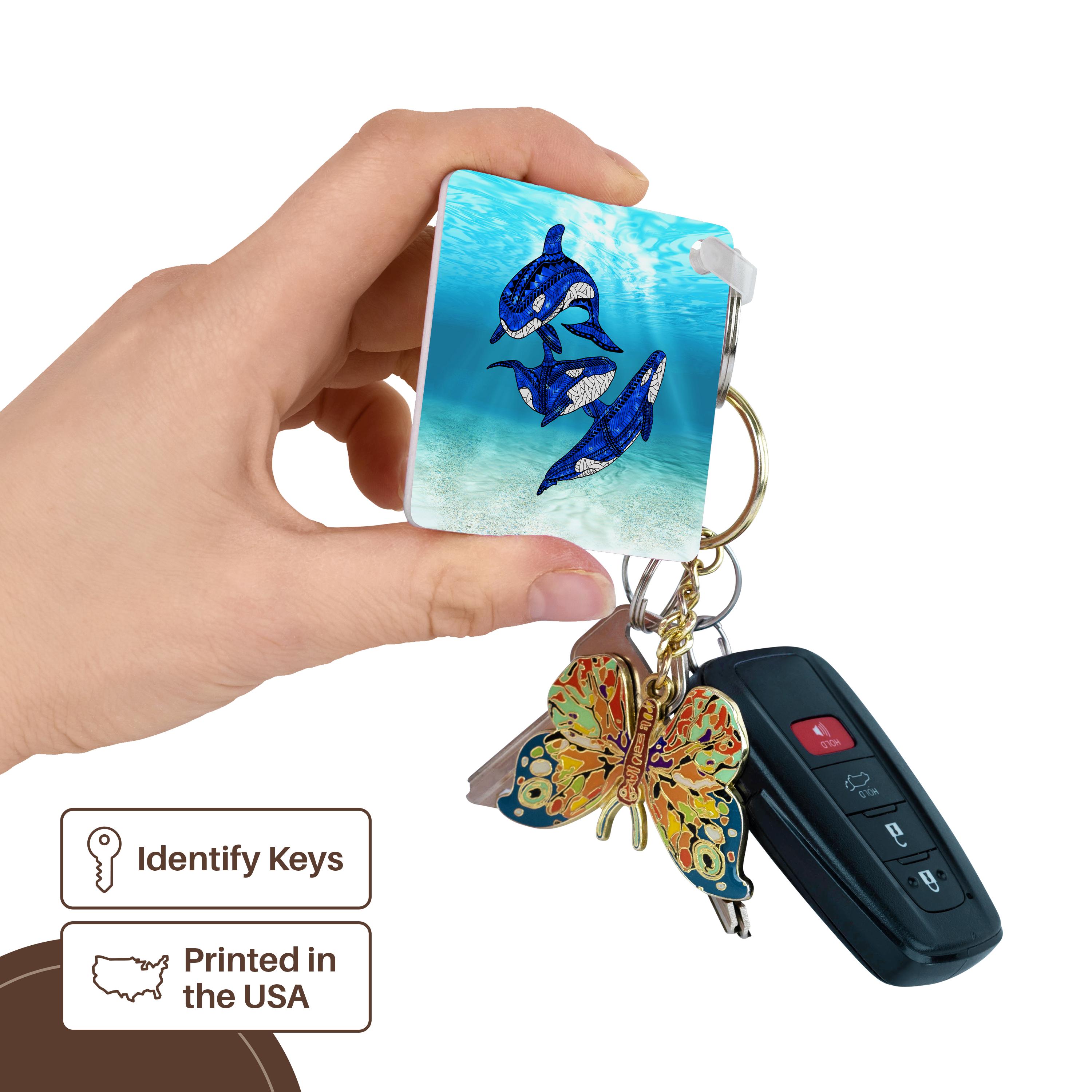 Key Chain - Three killer whales tribal art of orcas swimming underwater. Creative Studios – Tribal Ocean Animals