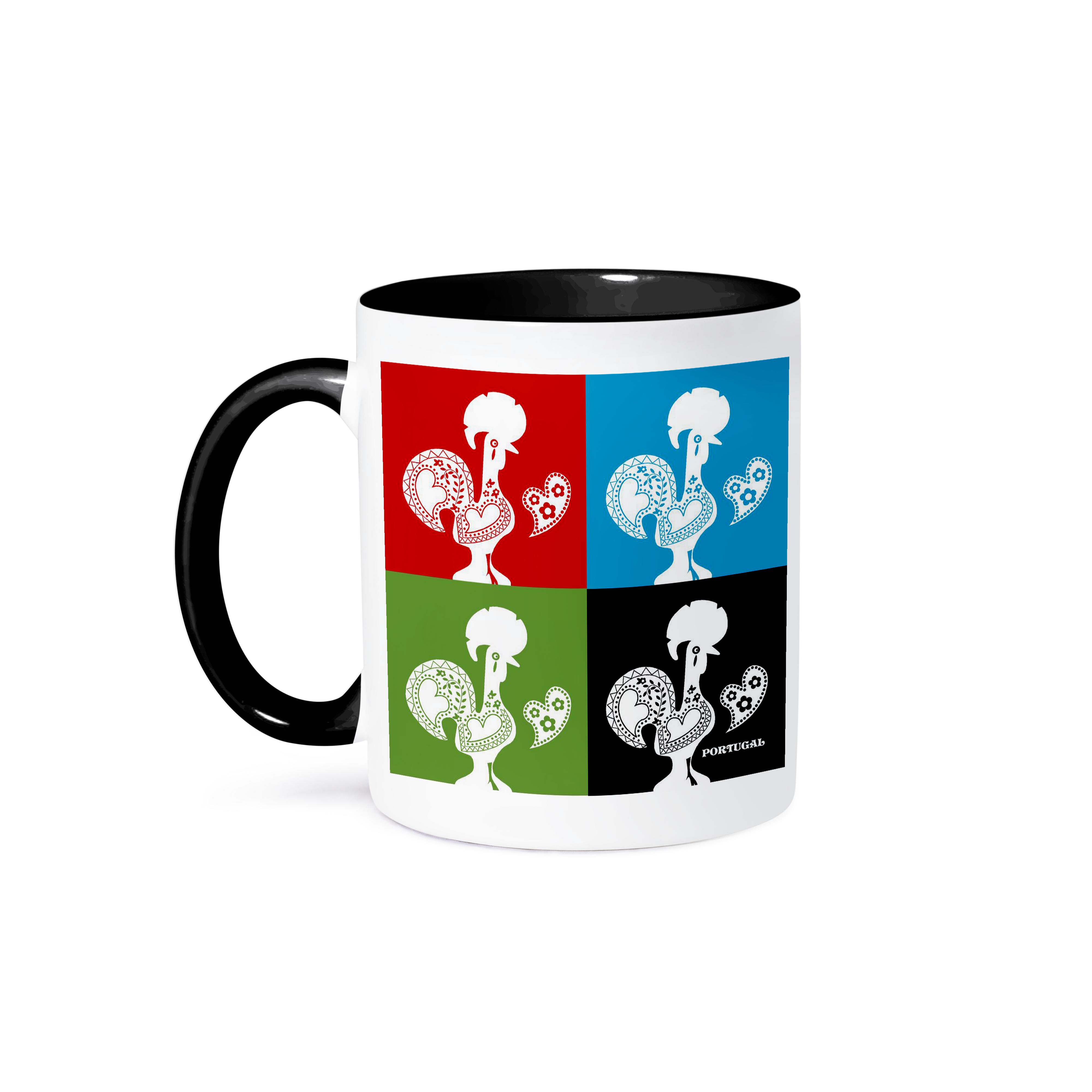 3dRose, Four portuguese roosters in black, red, blue and green color, Mug