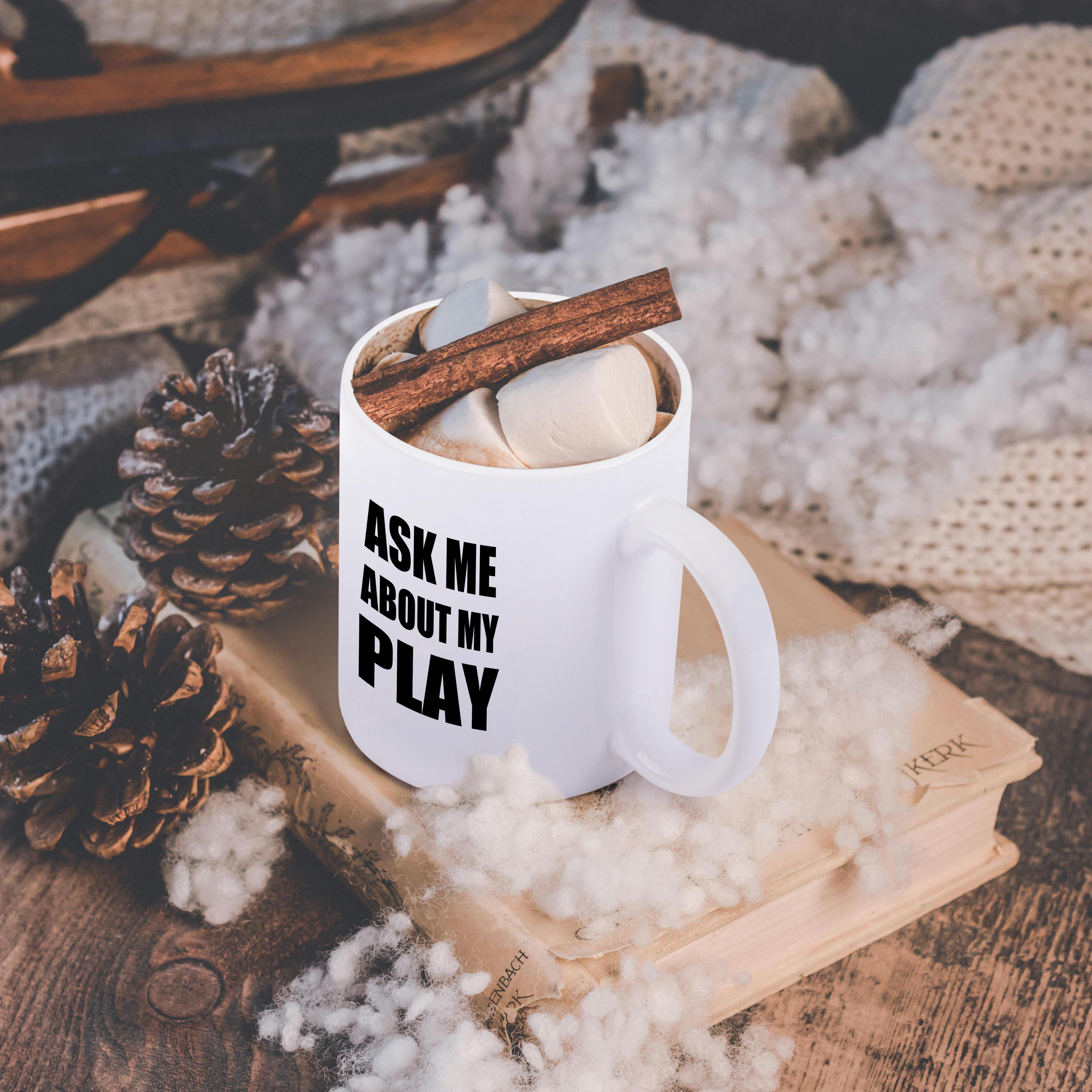 3dRose Ask me about my Play - advert for script writer theater actor director... - Mugs (mug_161938)