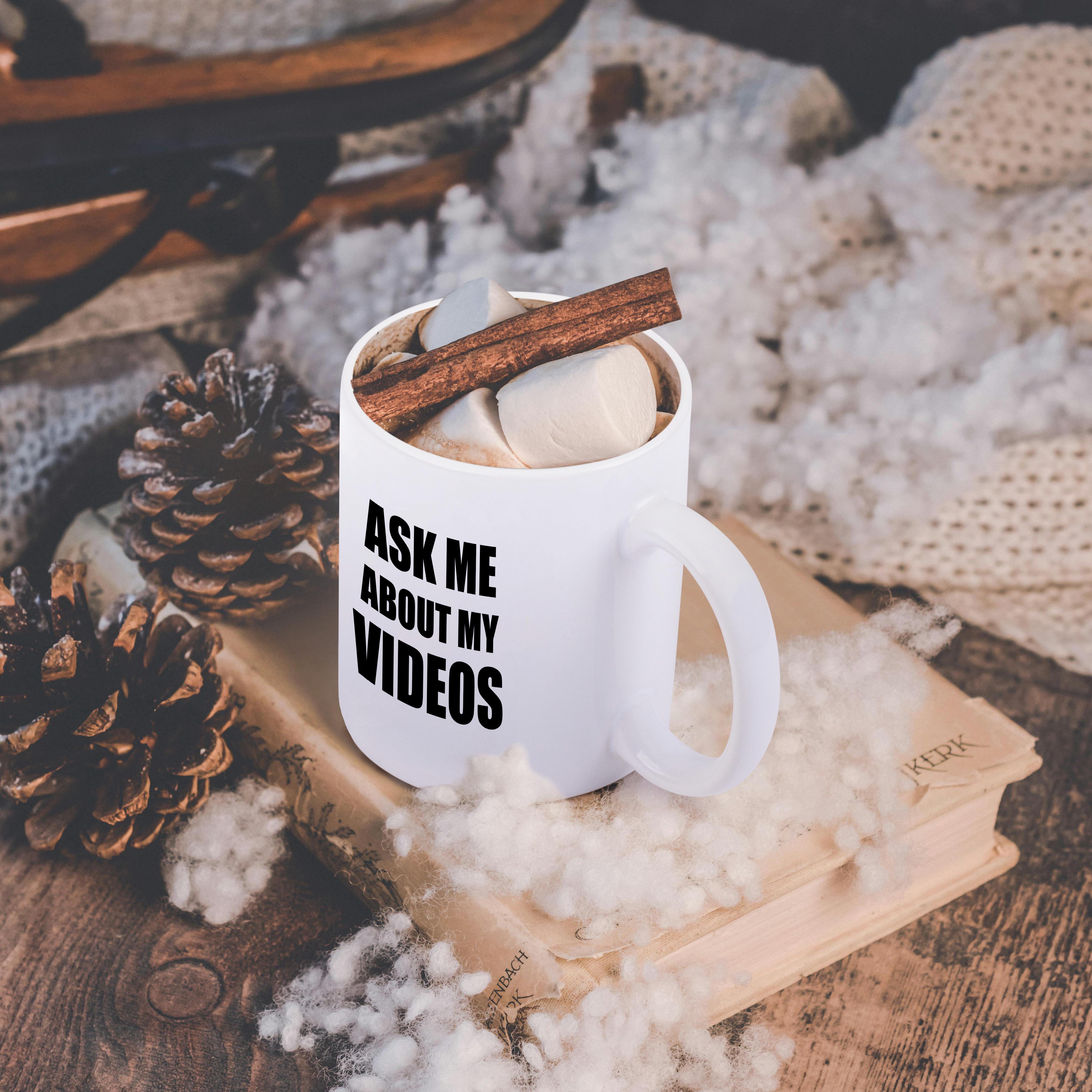 3dRose Ask me about my Videos - movie film maker vlogger advert - avertising... - Mugs (mug_161946)