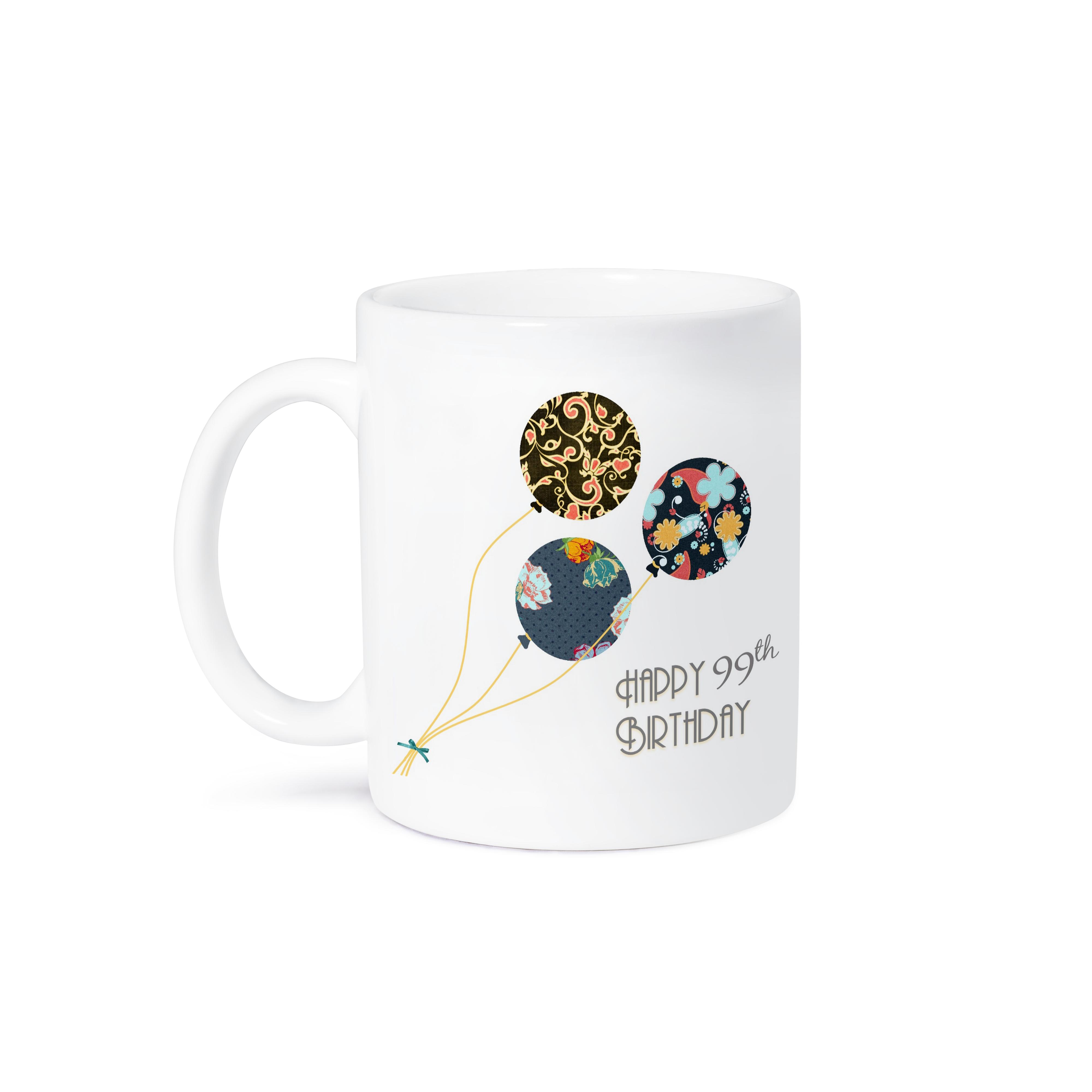 3dRose Happy 99th Birthday - Modern stylish floral Balloons. Elegant black... - Mugs (mug_162040)