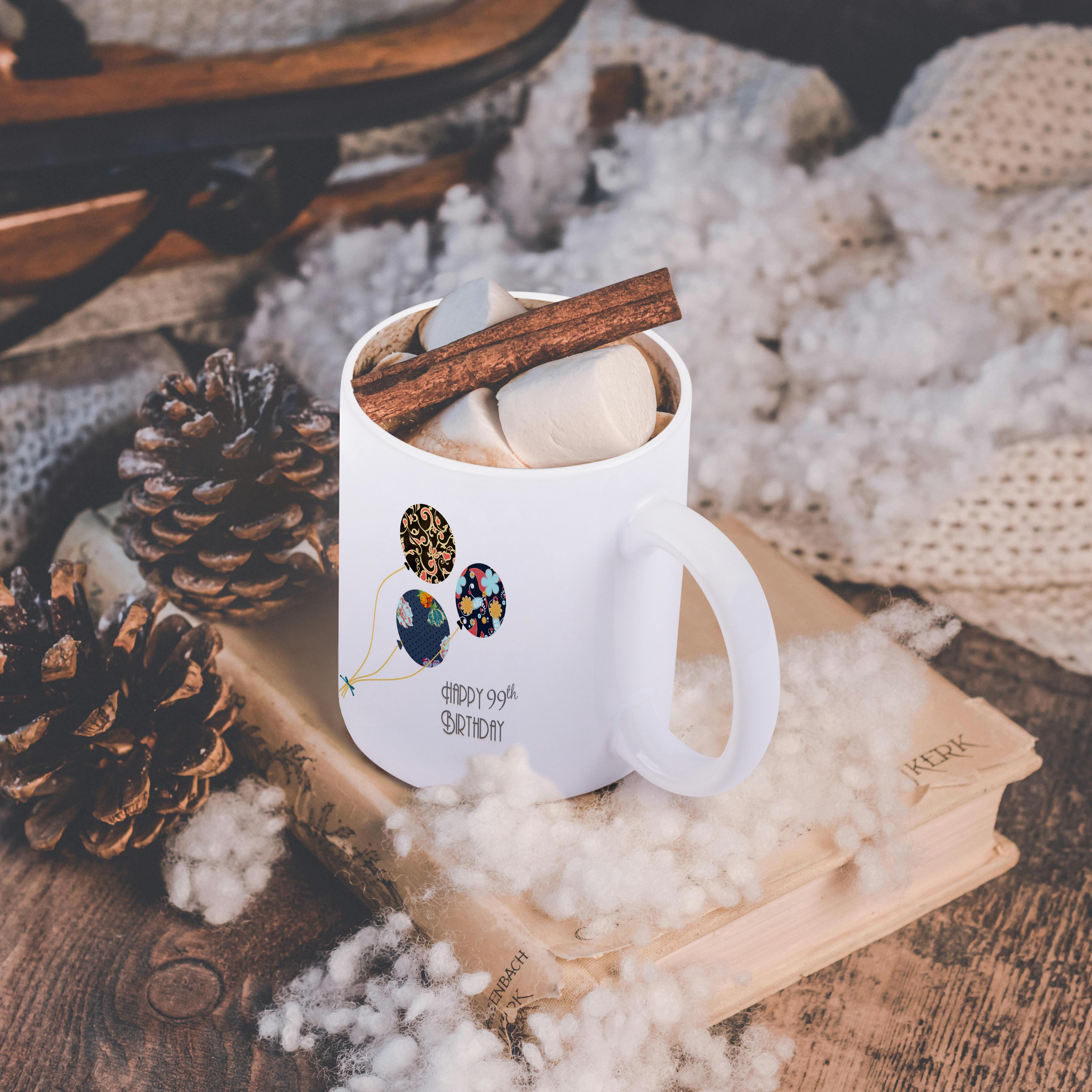 3dRose Happy 99th Birthday - Modern stylish floral Balloons. Elegant black... - Mugs (mug_162040)