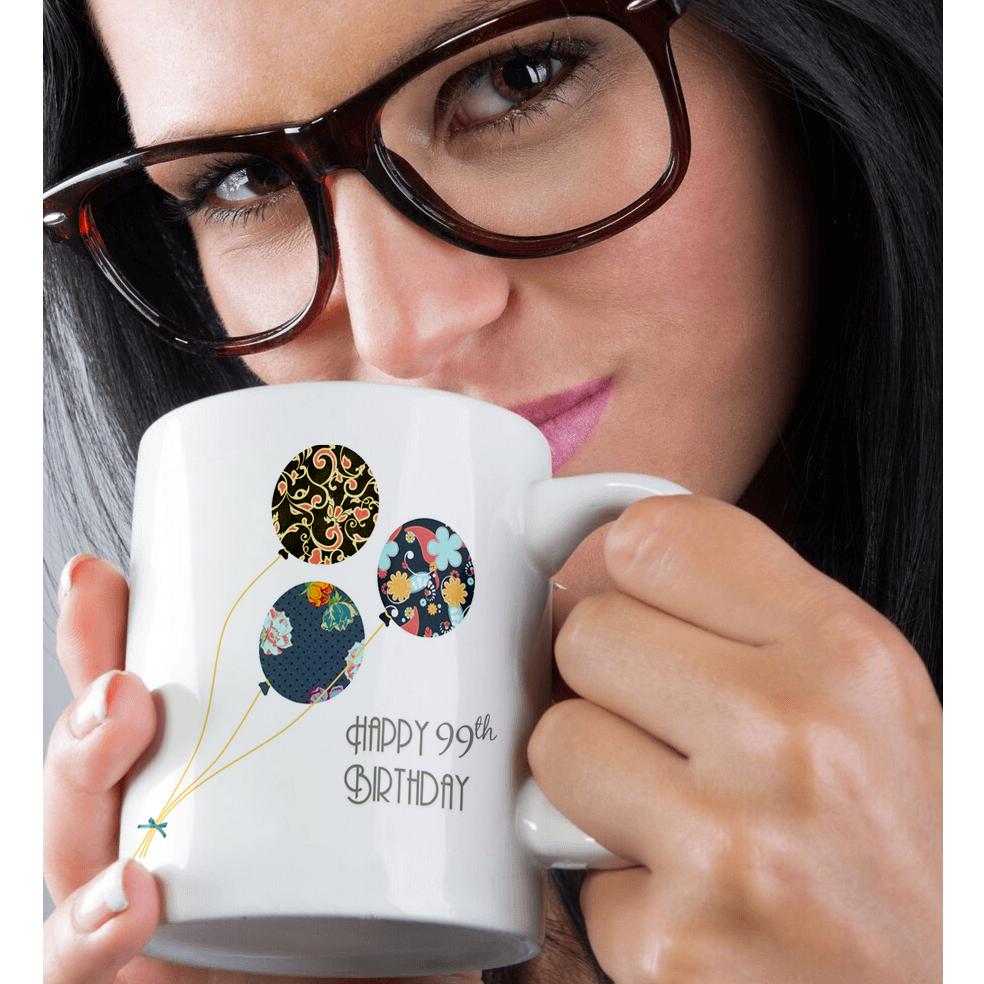 3dRose Happy 99th Birthday - Modern stylish floral Balloons. Elegant black... - Mugs (mug_162040)