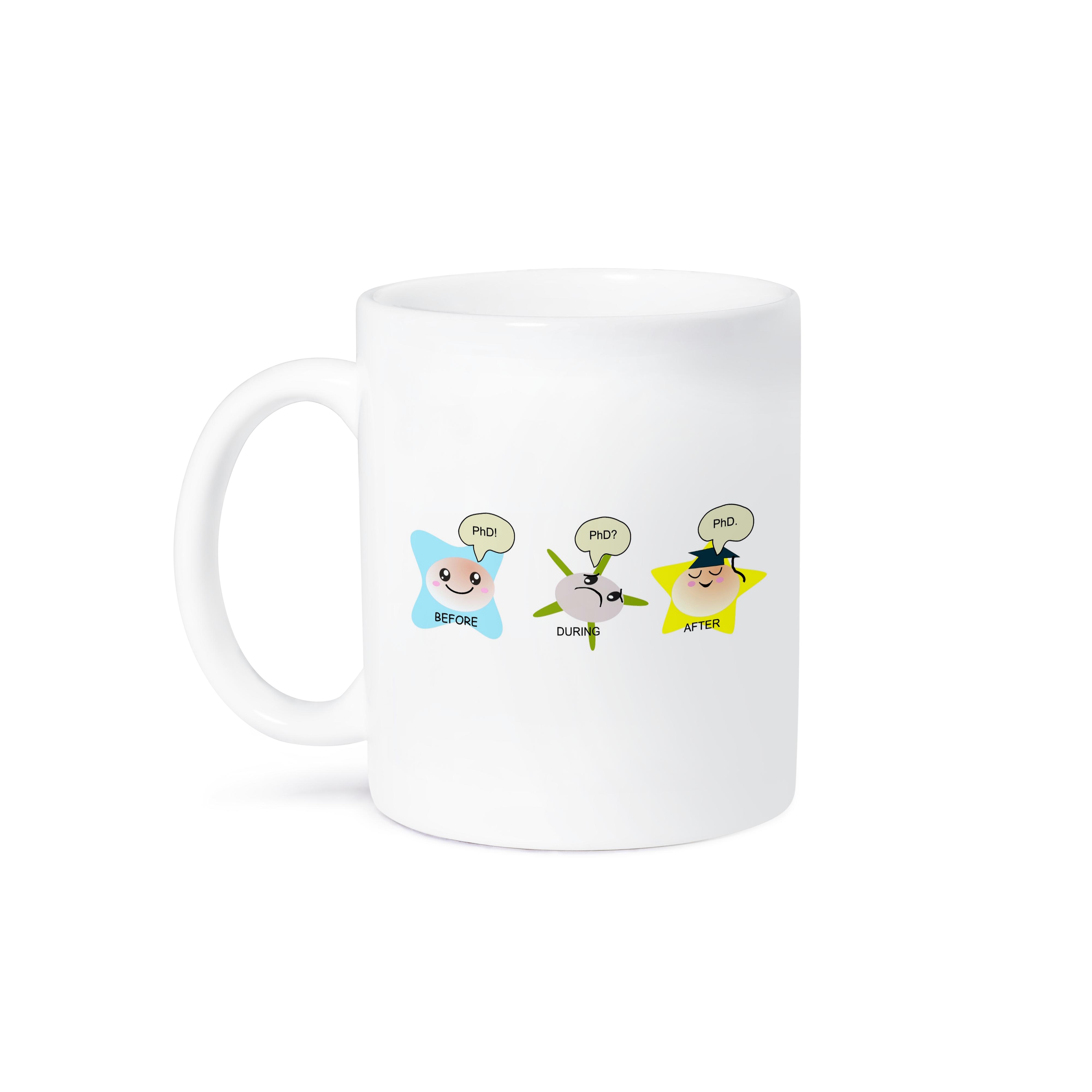 3dRose PhD funny process cartoon before during after humorous graduation gift - Mugs (mug_165150)