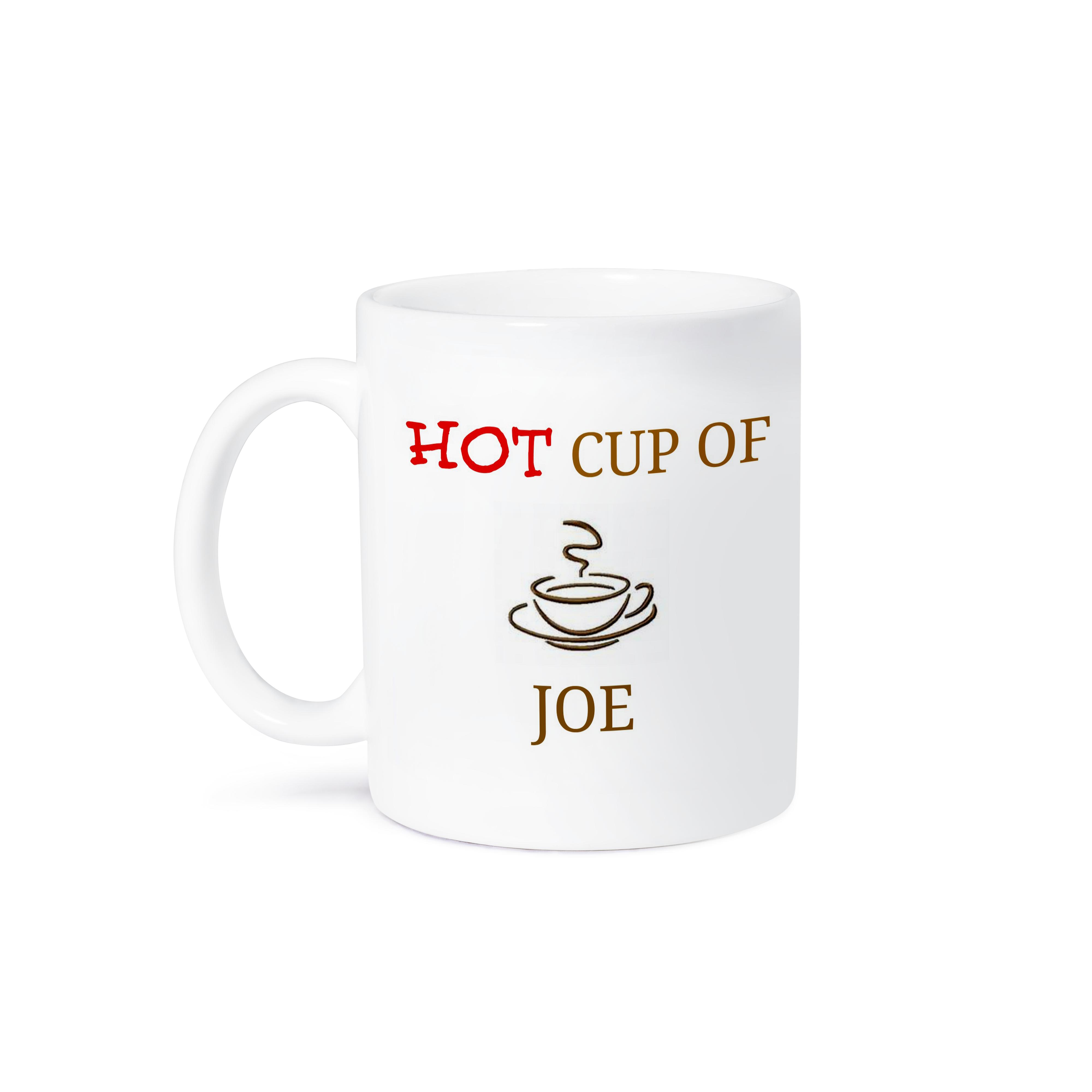 3dRose hot cup of joe, red and brown lettering with picture of cup of coffee - Mugs (mug_180073)