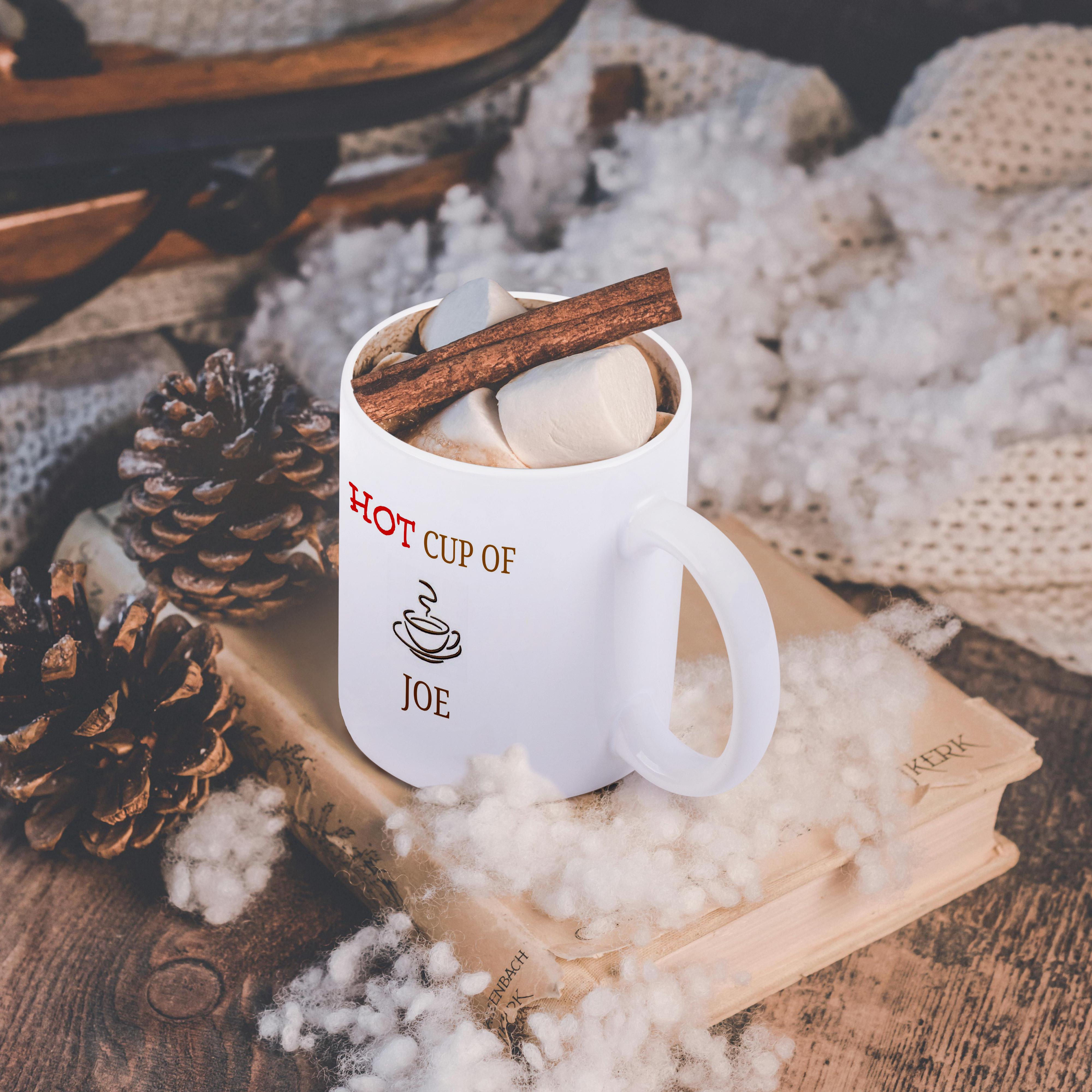 3dRose hot cup of joe, red and brown lettering with picture of cup of coffee - Mugs (mug_180073)