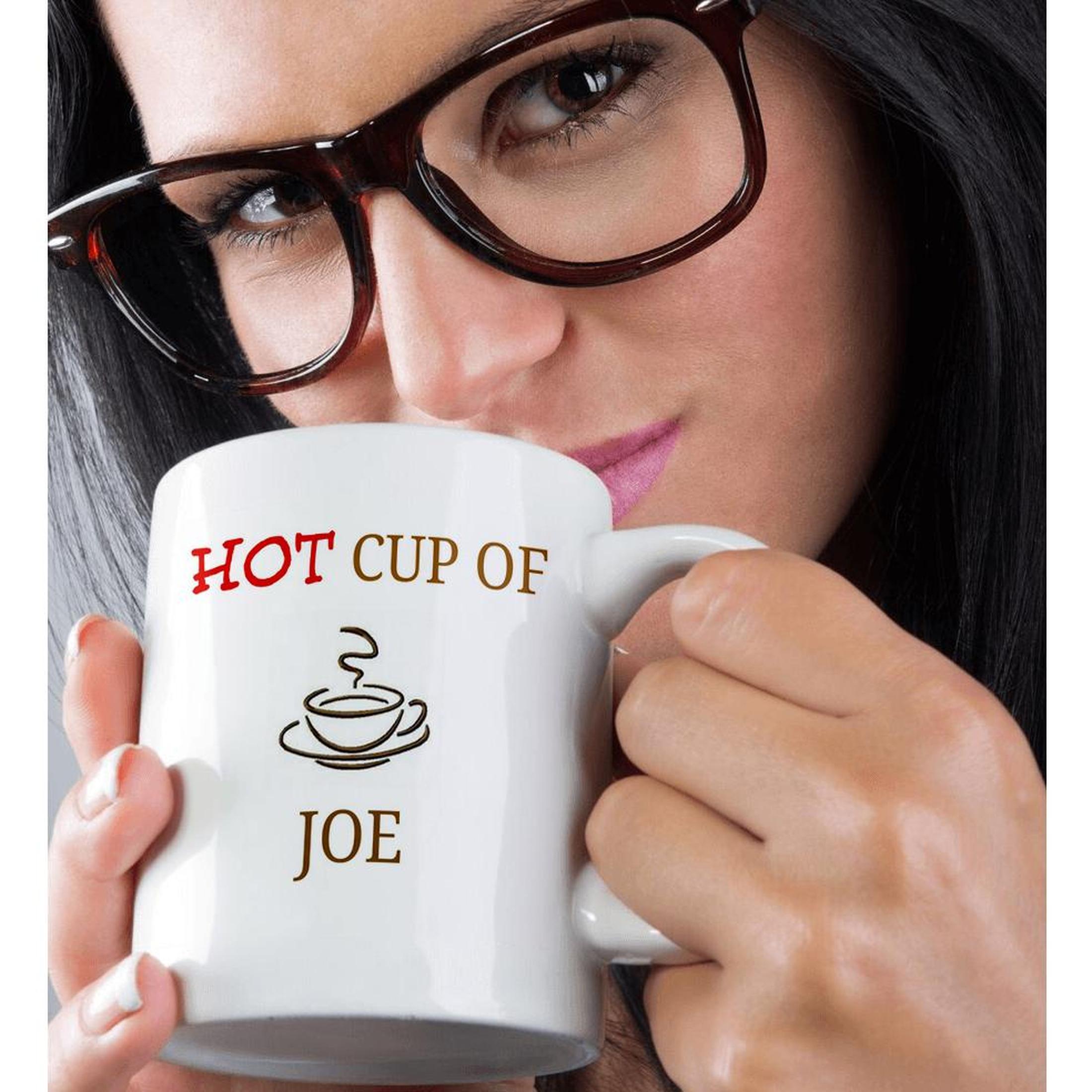 3dRose hot cup of joe, red and brown lettering with picture of cup of coffee - Mugs (mug_180073)