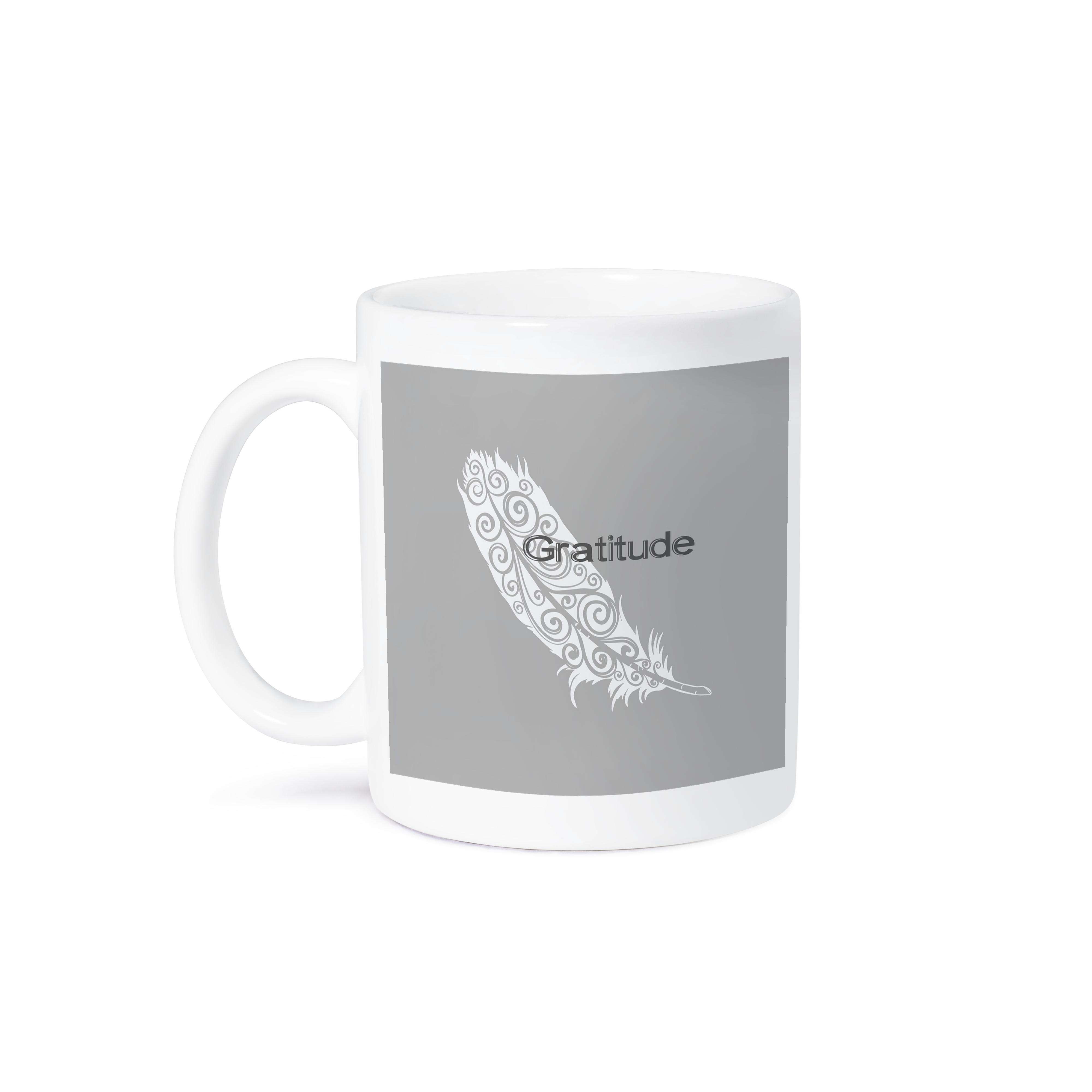 3dRose PS Inspirations - White Gratitude Feather - Mugs (mug_192820)