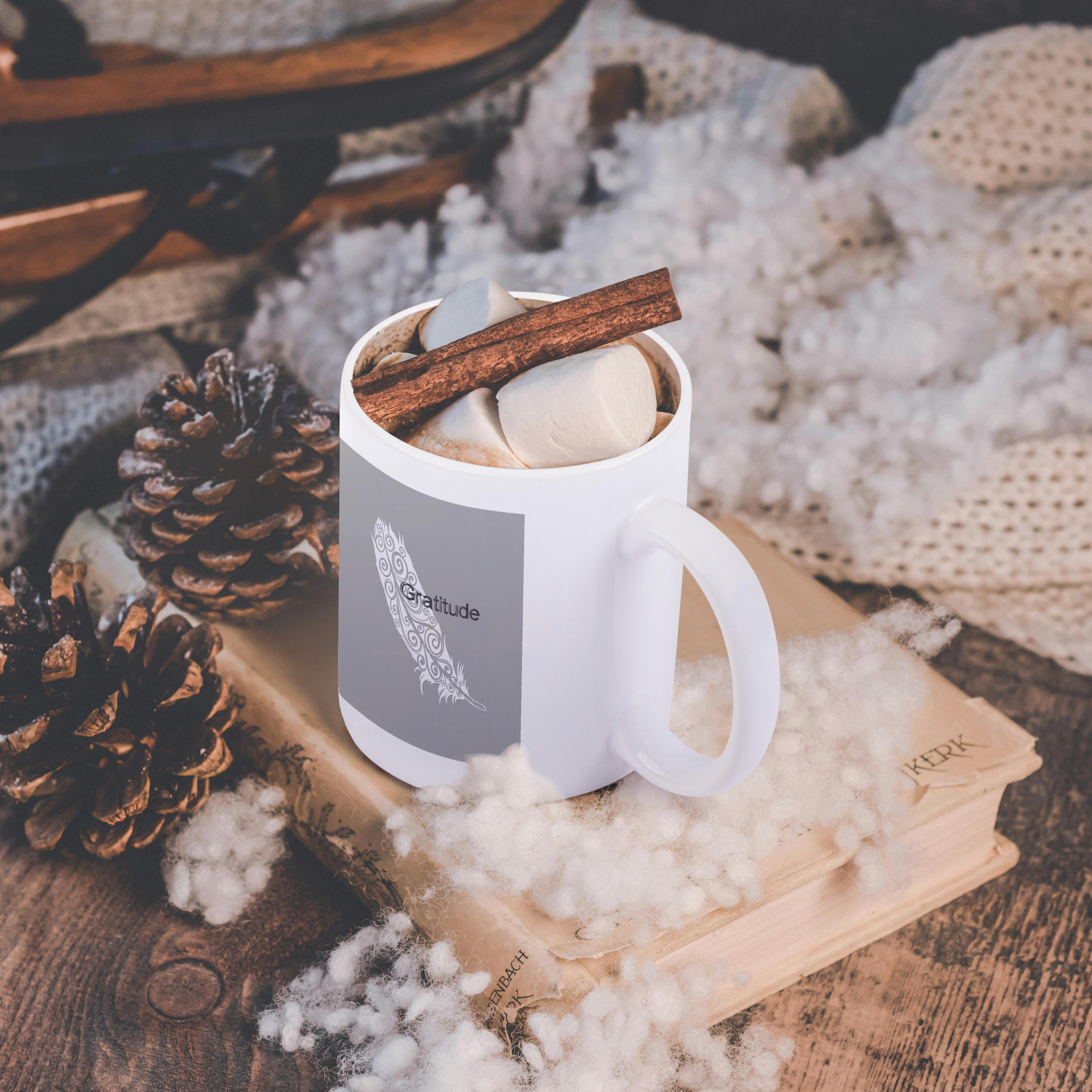 3dRose PS Inspirations - White Gratitude Feather - Mugs (mug_192820)