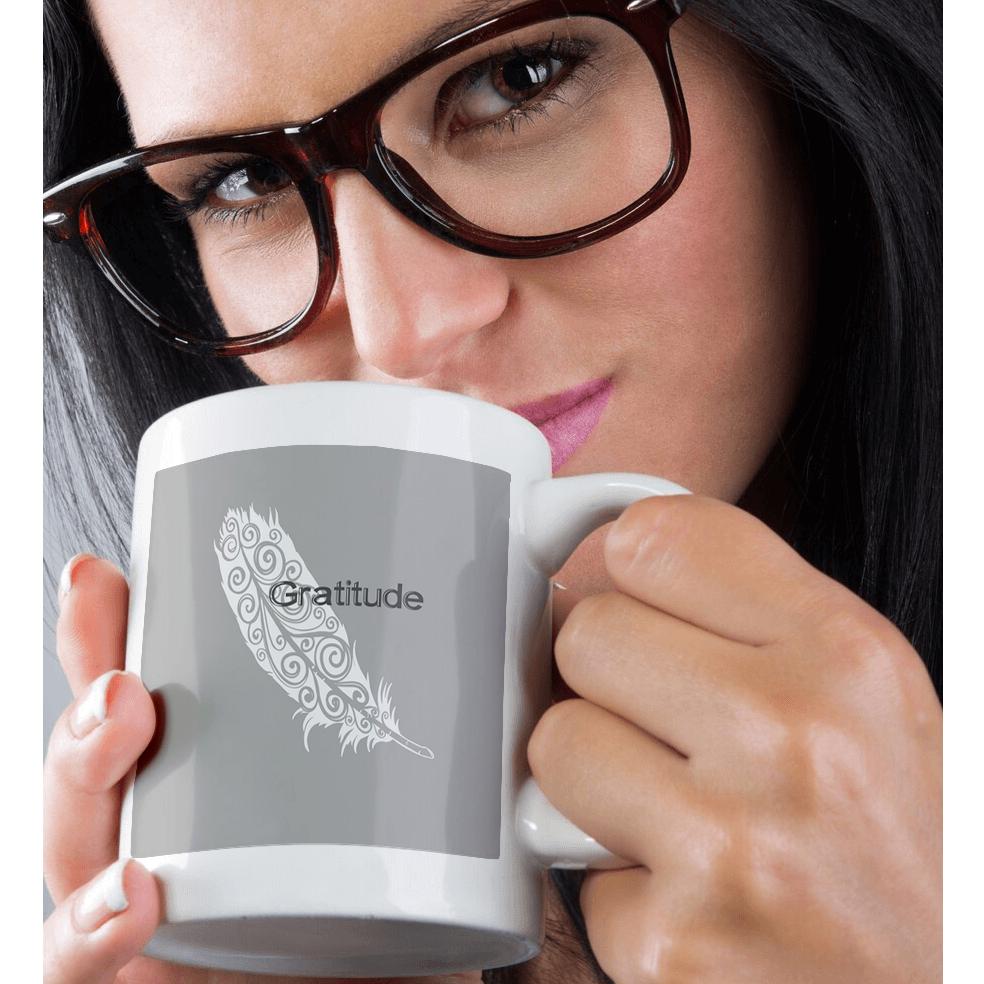 3dRose PS Inspirations - White Gratitude Feather - Mugs (mug_192820)