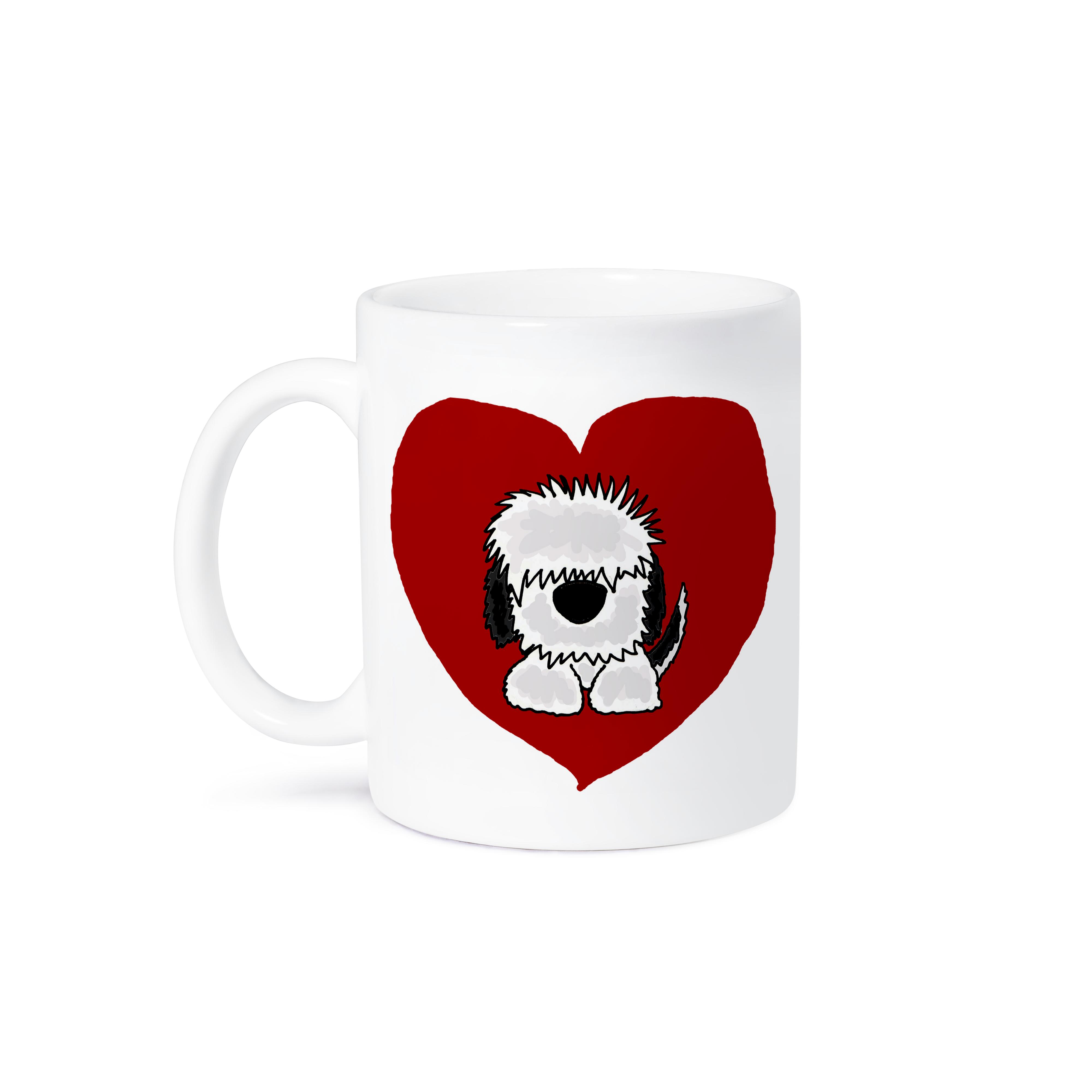 3dRose Fun White Old English Sheepdog Puppy Dog and Red Heart Love - Mugs (mug_201825)
