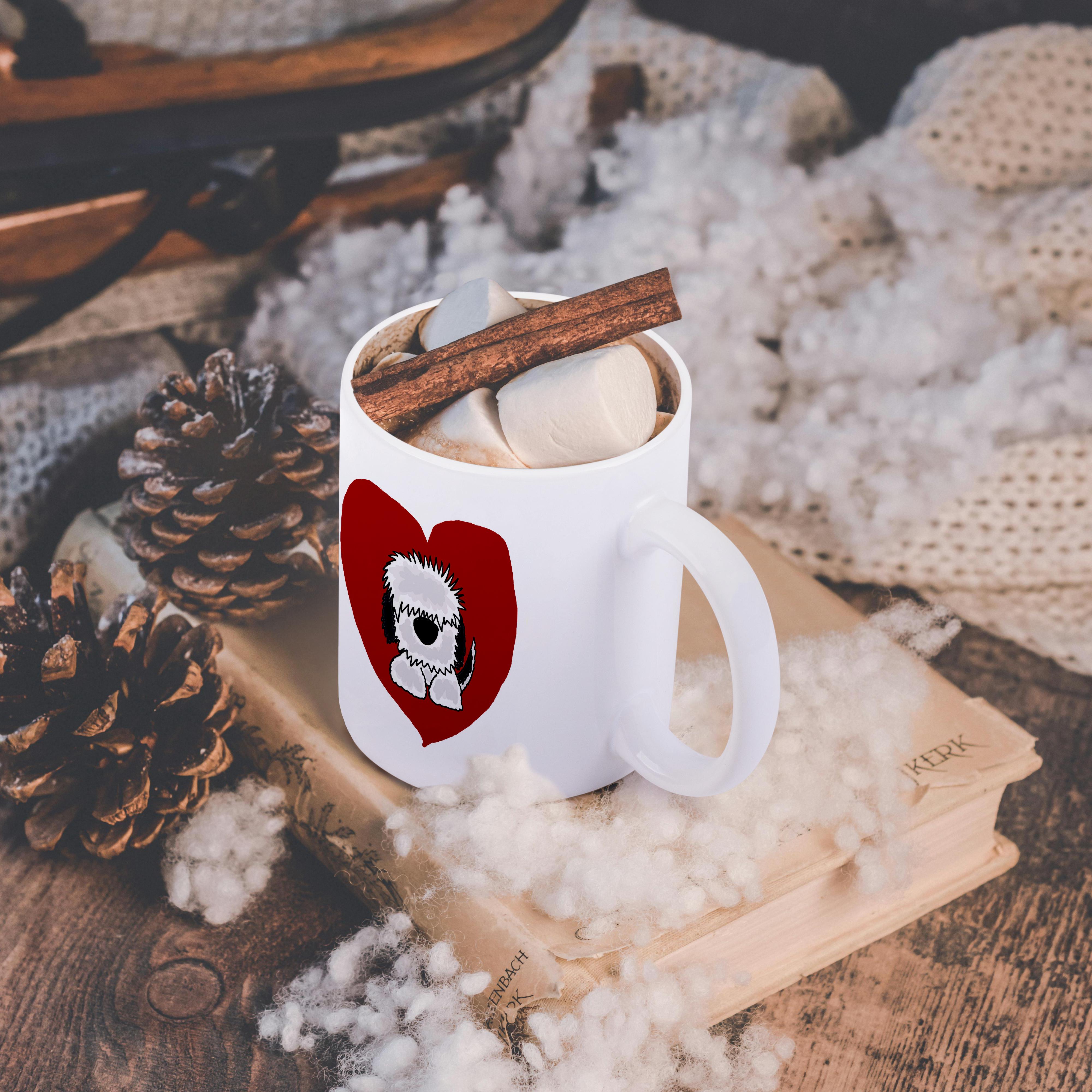 3dRose Fun White Old English Sheepdog Puppy Dog and Red Heart Love - Mugs (mug_201825)