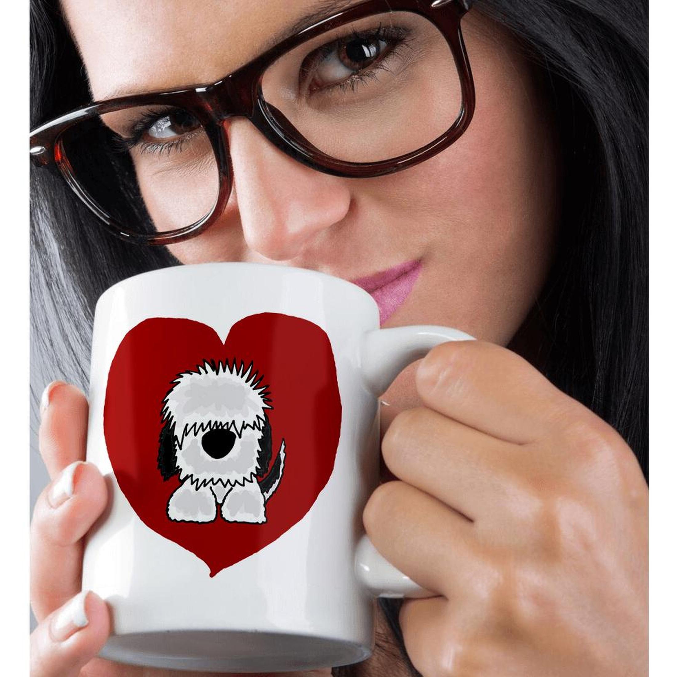 3dRose Fun White Old English Sheepdog Puppy Dog and Red Heart Love - Mugs (mug_201825)