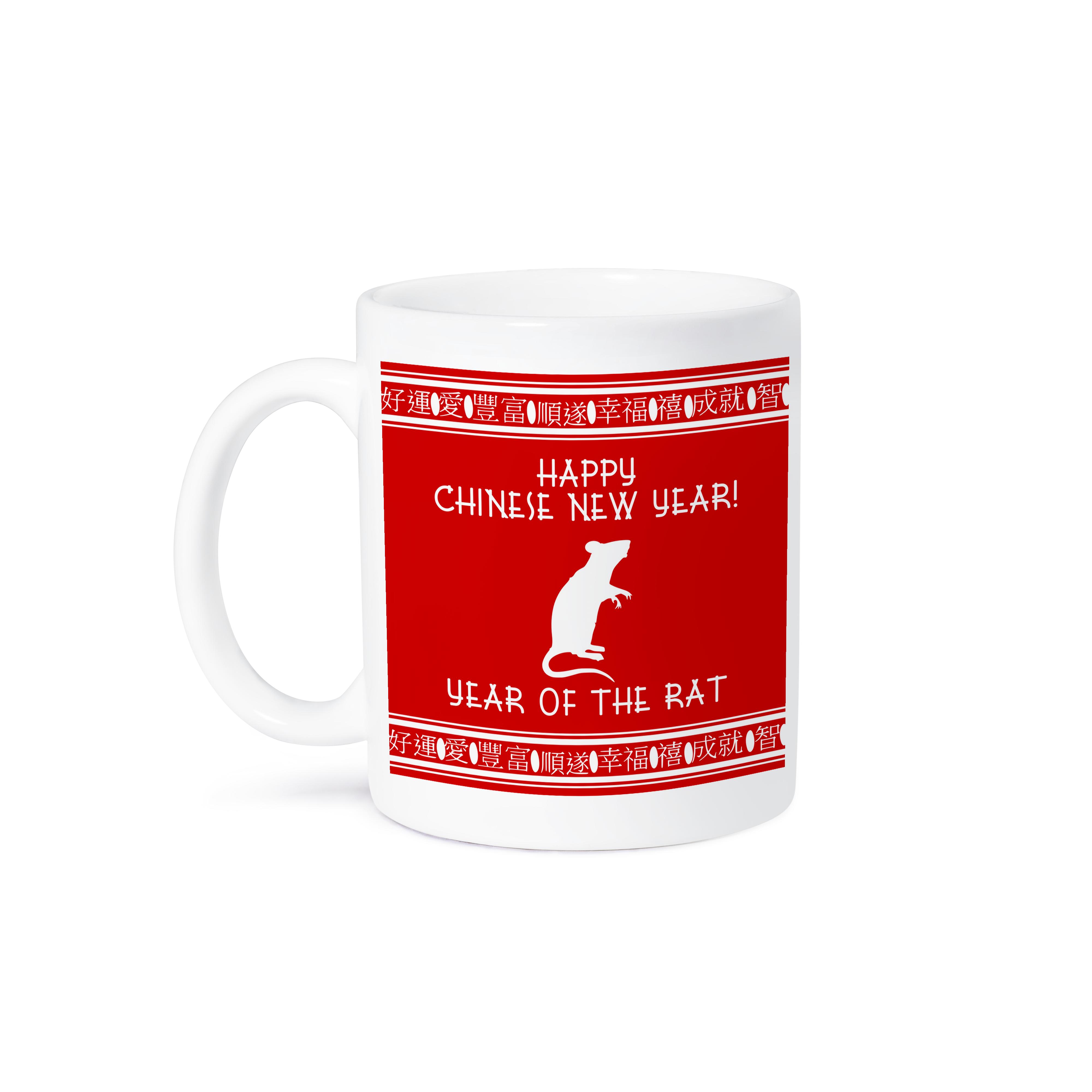 3dRose Happy Chinese New Year - Year of the Rat zodiac sign red and white - Mugs (mug_202124)